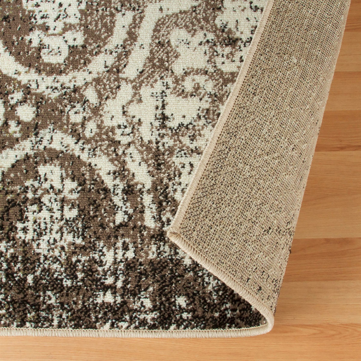 8' X 10' Tan And Brown Damask Distressed Stain Resistant Area Rug