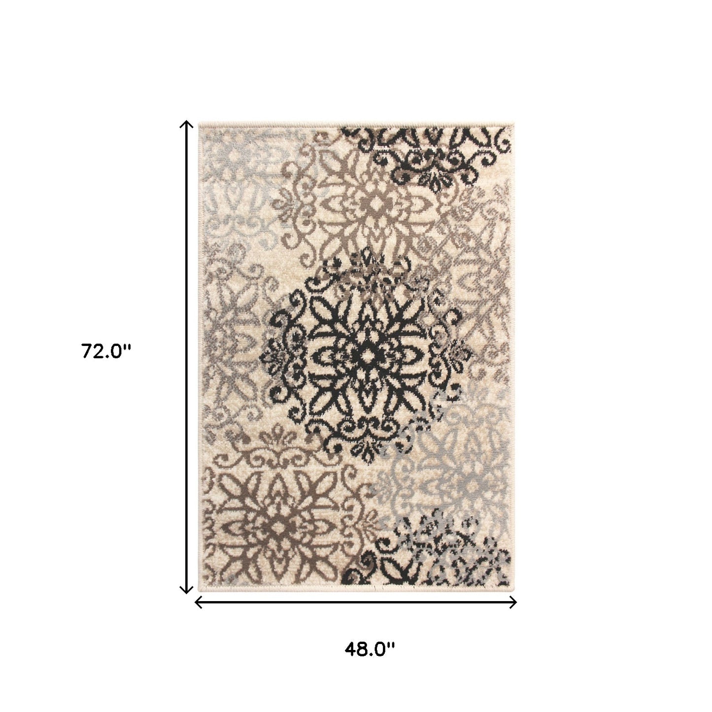 4' X 6' Tan Gray And Black Floral Medallion Stain Resistant Area Rug