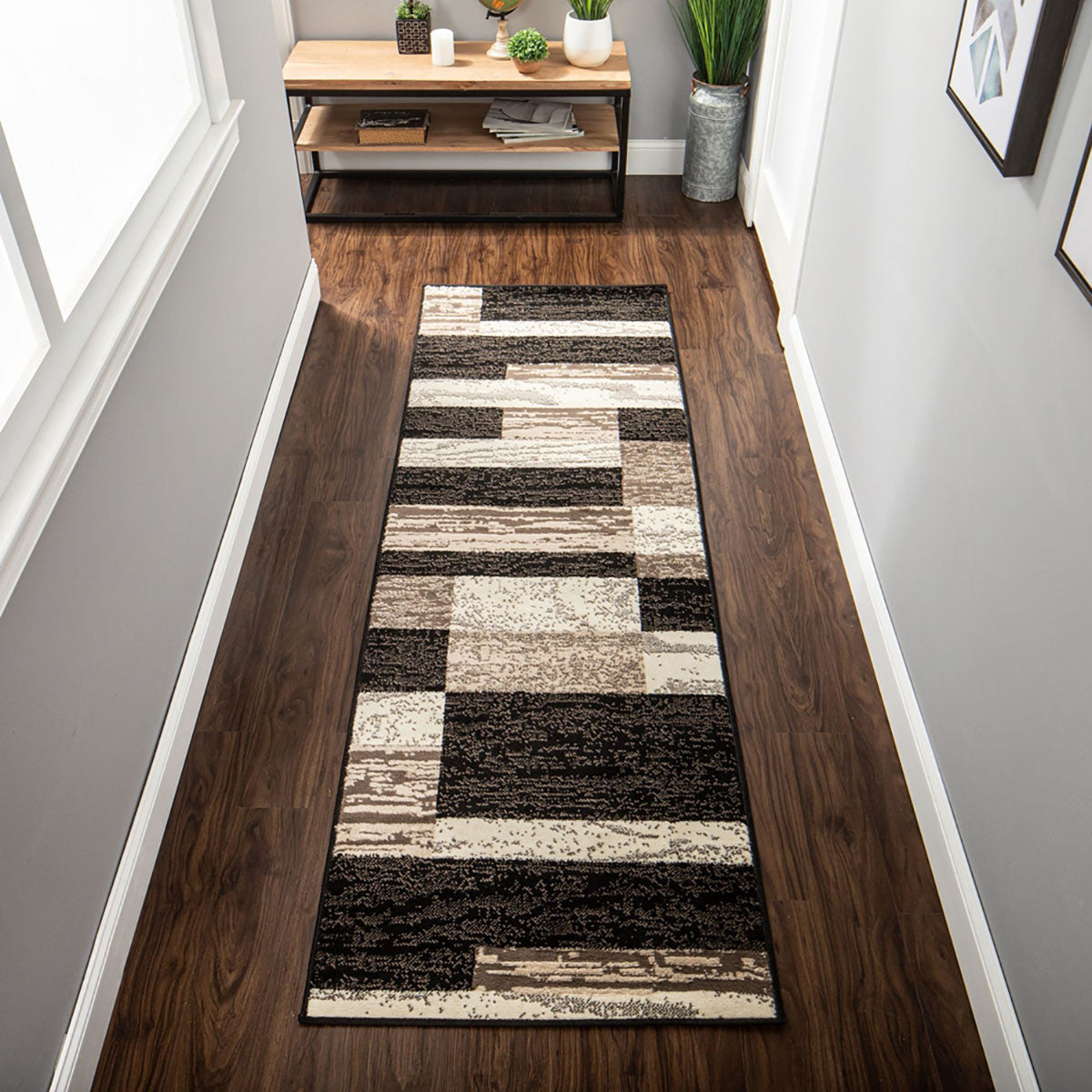 10' Chocolate Patchwork Power Loom Stain Resistant Runner Rug