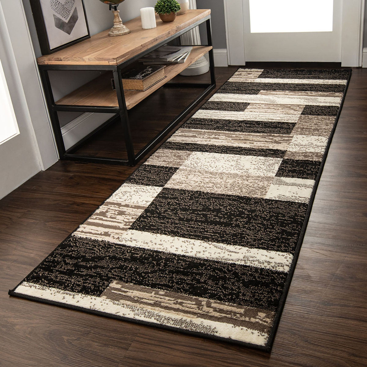 10' Chocolate Patchwork Power Loom Stain Resistant Runner Rug