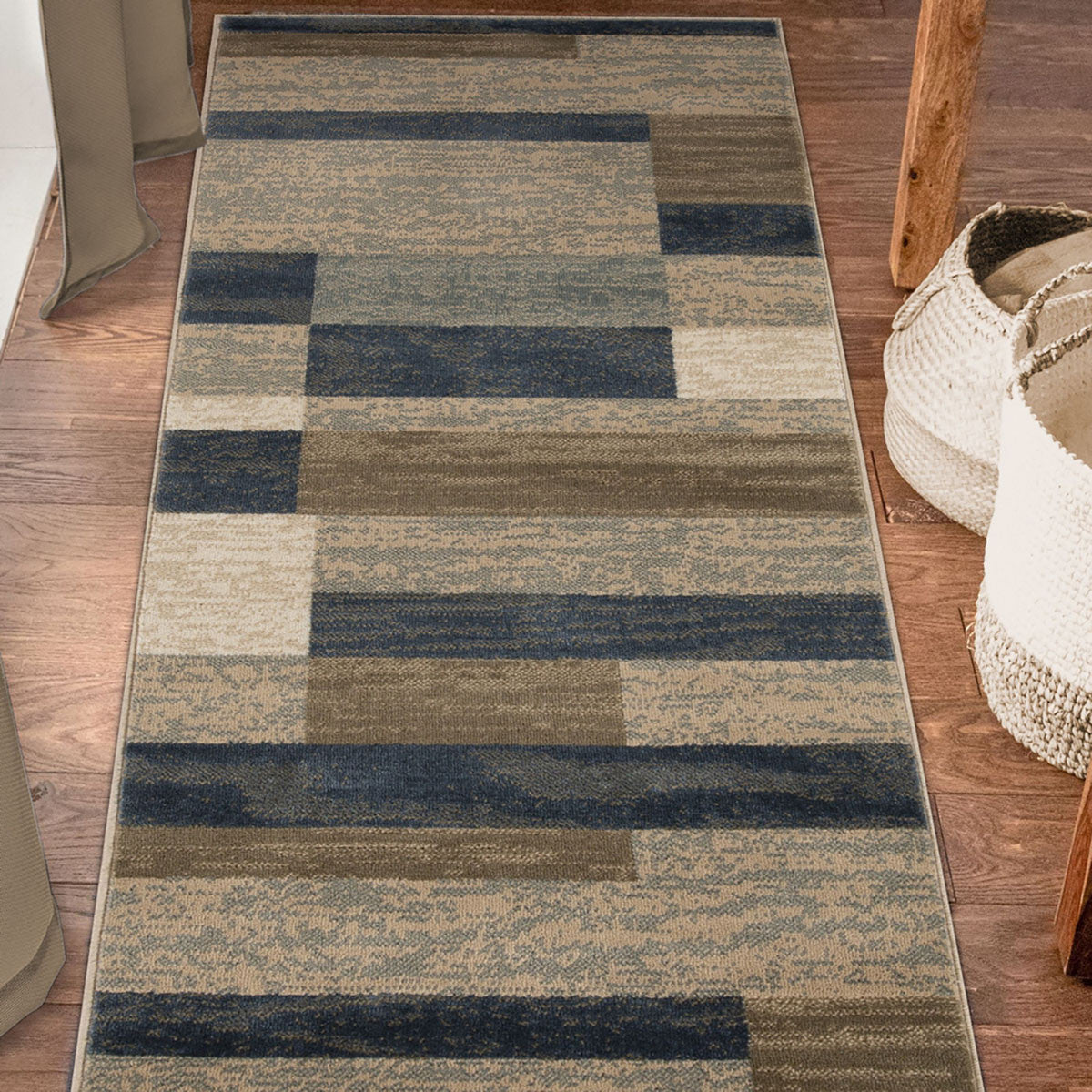 10' Midnight Navy Patchwork Power Loom Stain Resistant Runner Rug