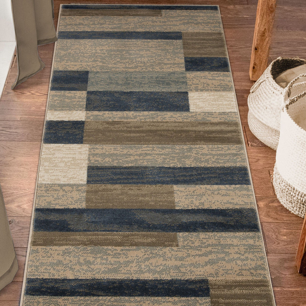 8' Midnight Navy Patchwork Power Loom Stain Resistant Runner Rug