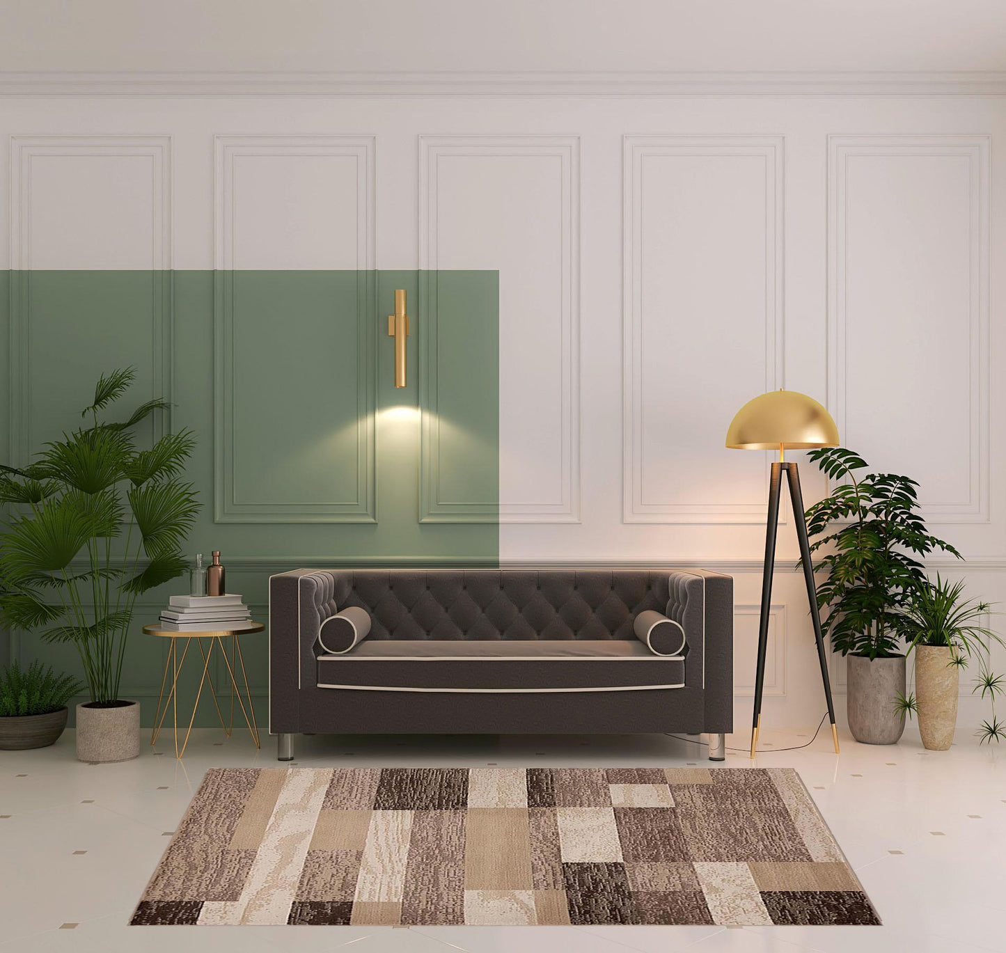 5' X 8' Beige Patchwork Power Loom Stain Resistant Area Rug