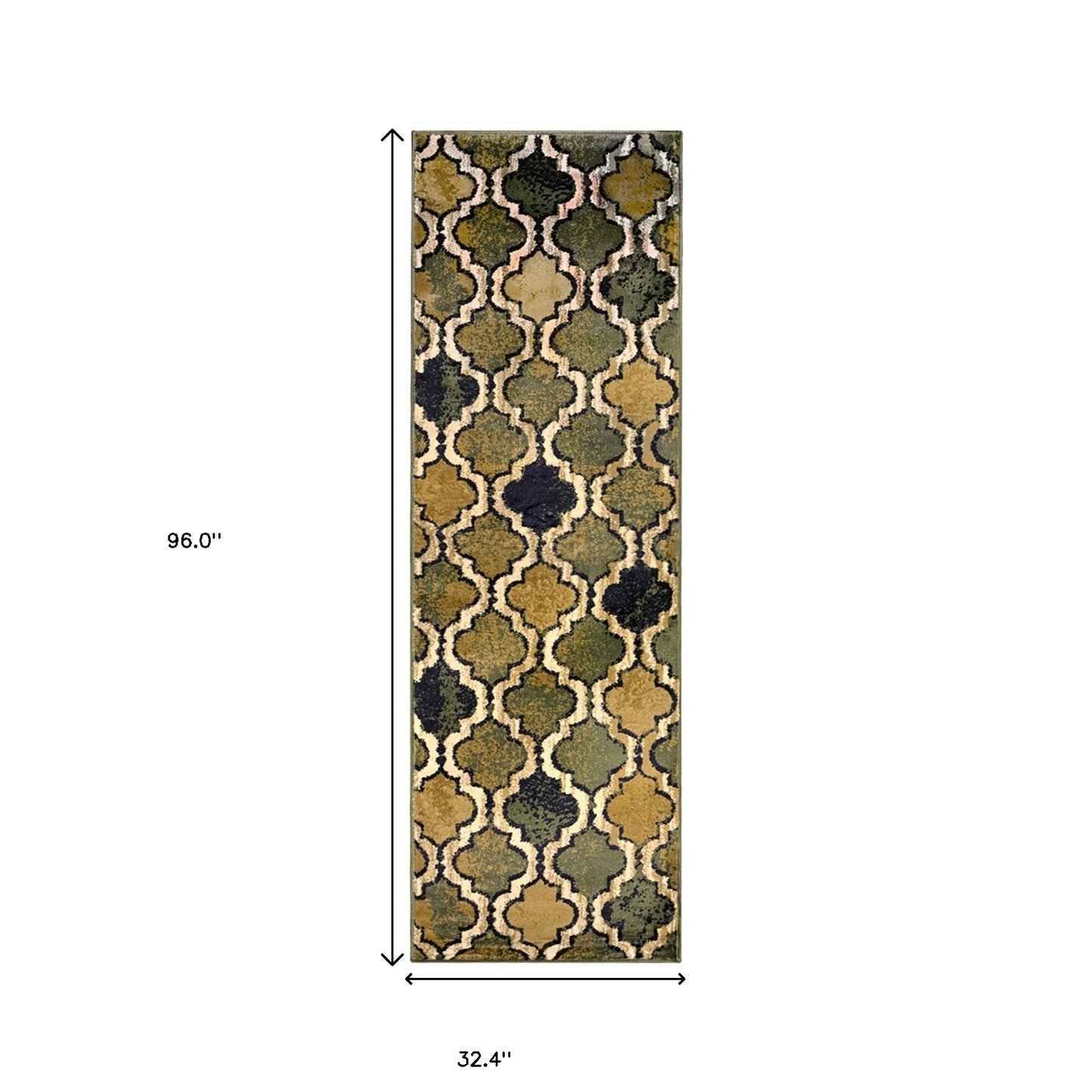 8' Green Quatrefoil Power Loom Distressed Stain Resistant Runner Rug