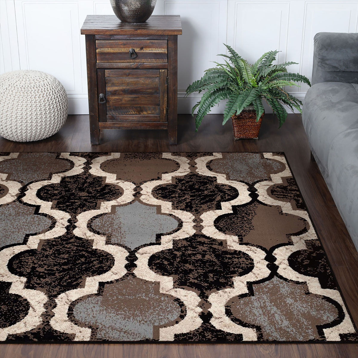8' Square Chocolate Square Quatrefoil Power Loom Distressed Stain Resistant Area Rug
