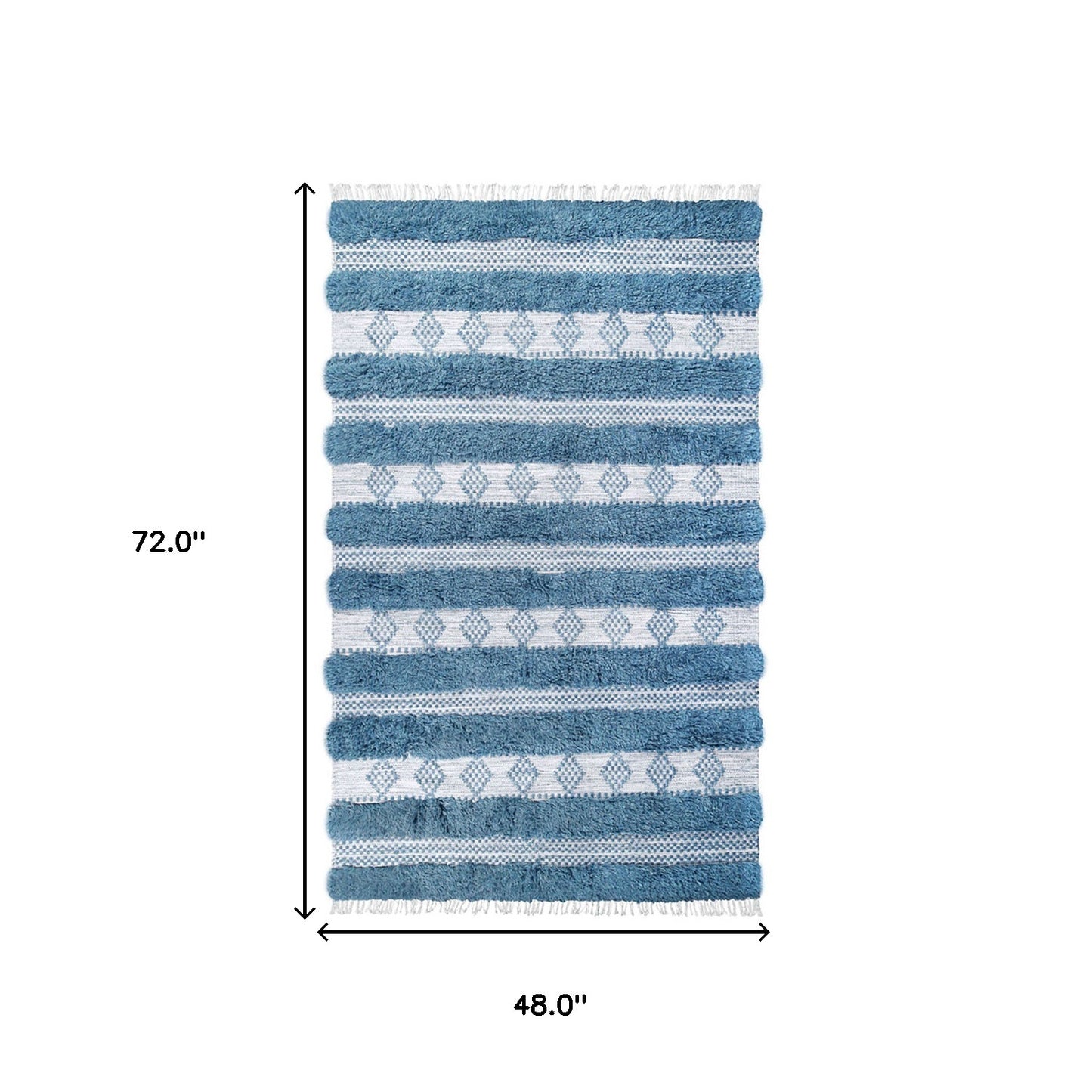 4' X 6' Blue And Ivory Wool Striped Flatweave Handmade Stain Resistant Area Rug With Fringe