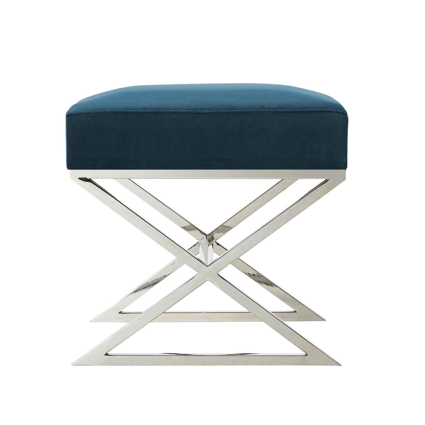 18" Navy Blue Velvet And Silver Ottoman