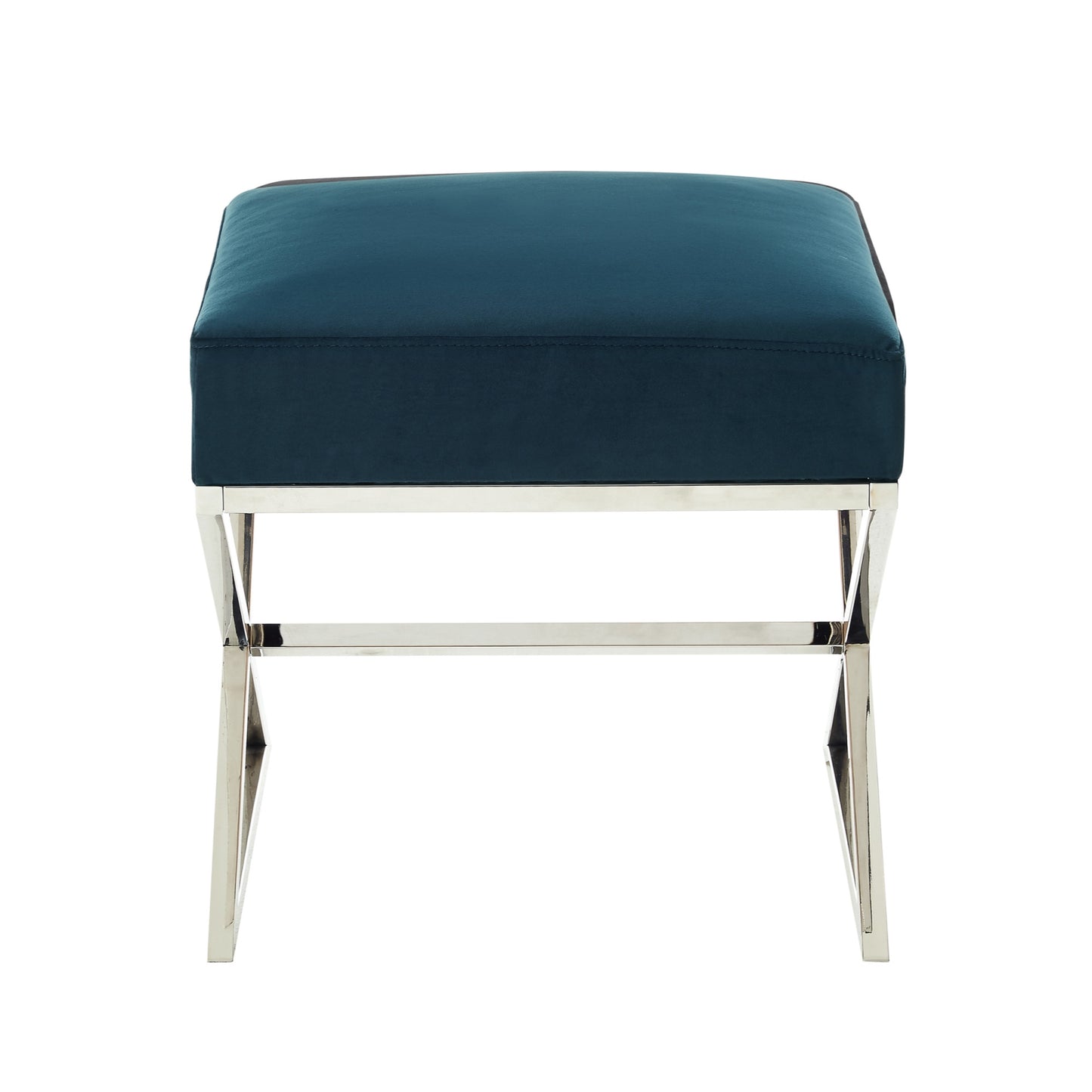 18" Navy Blue Velvet And Silver Ottoman