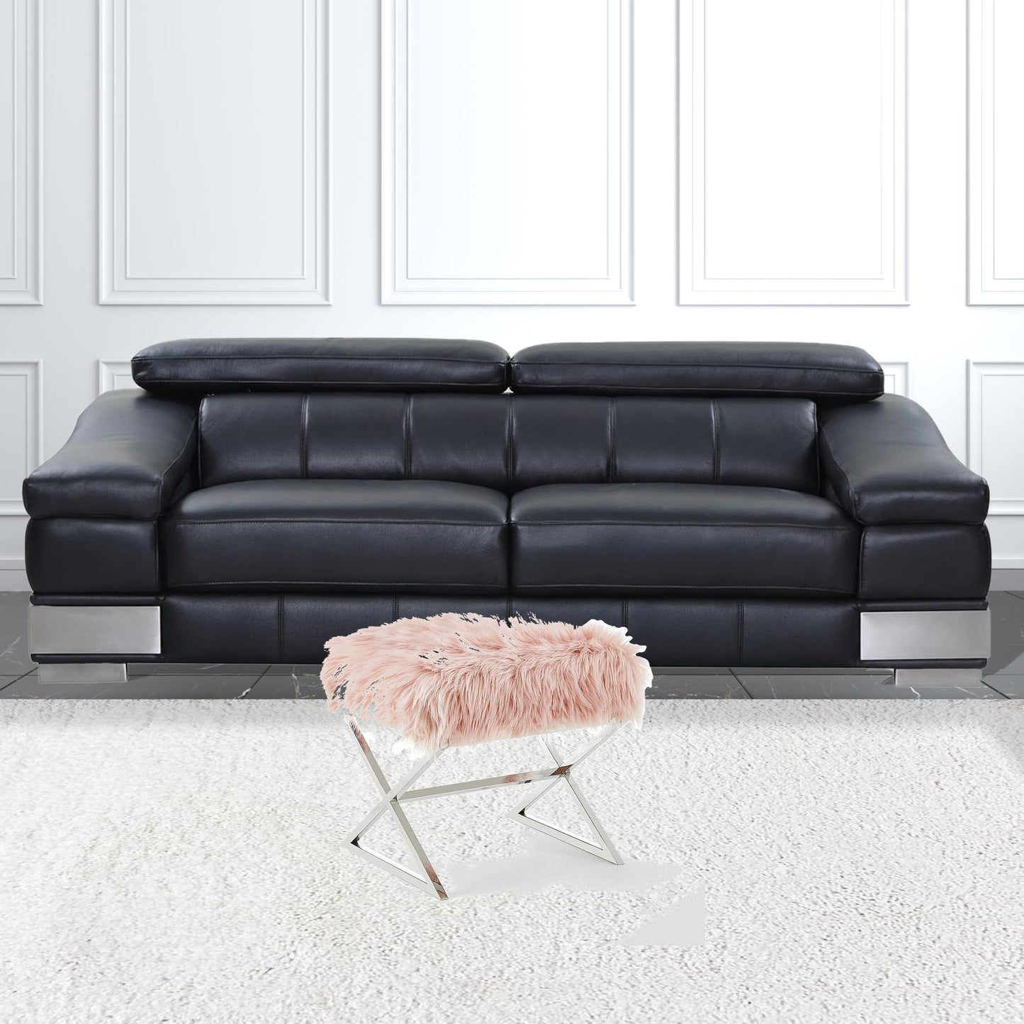 18" Navy Blue Velvet And Silver Ottoman