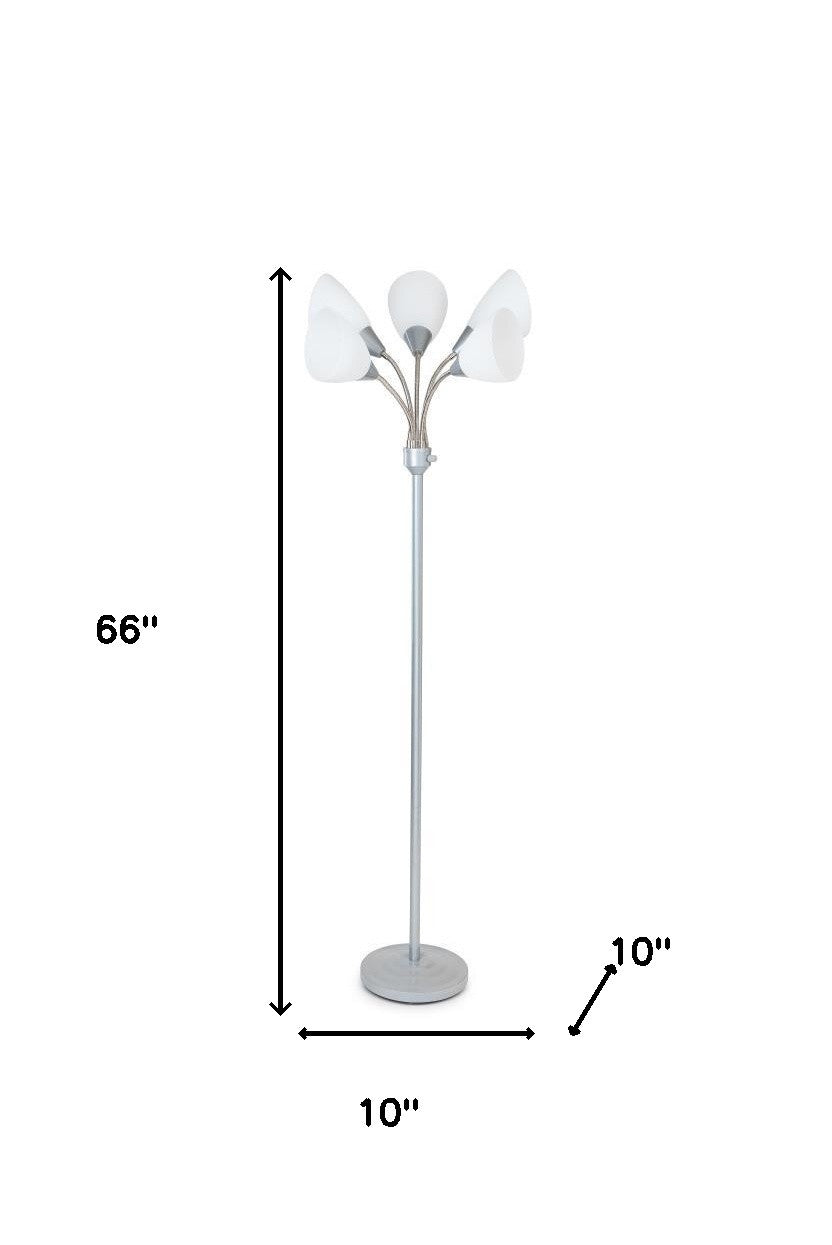 60" Grey Resin Five Arm Floor Lamp With White Cone Shades