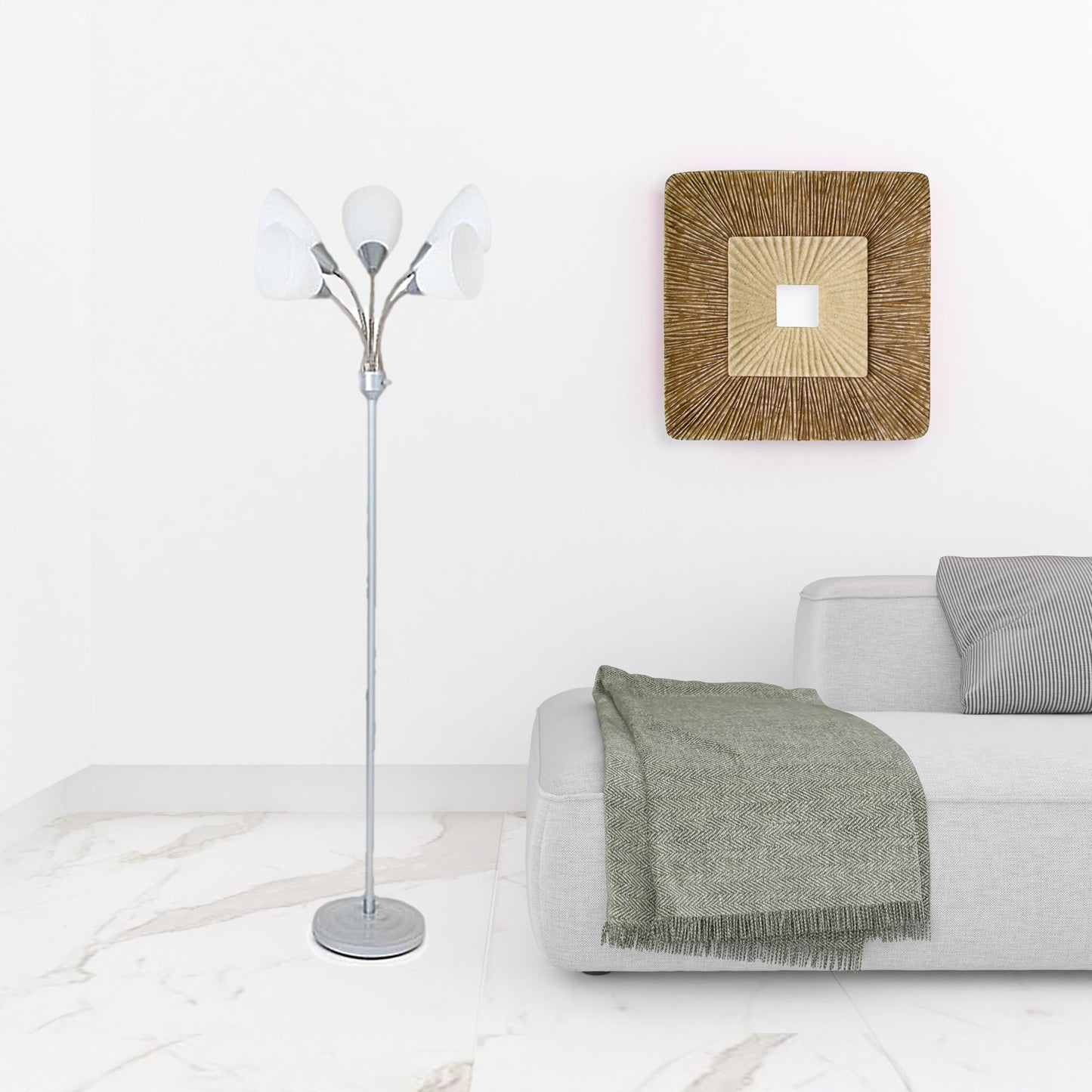 60" Grey Resin Five Arm Floor Lamp With White Cone Shades