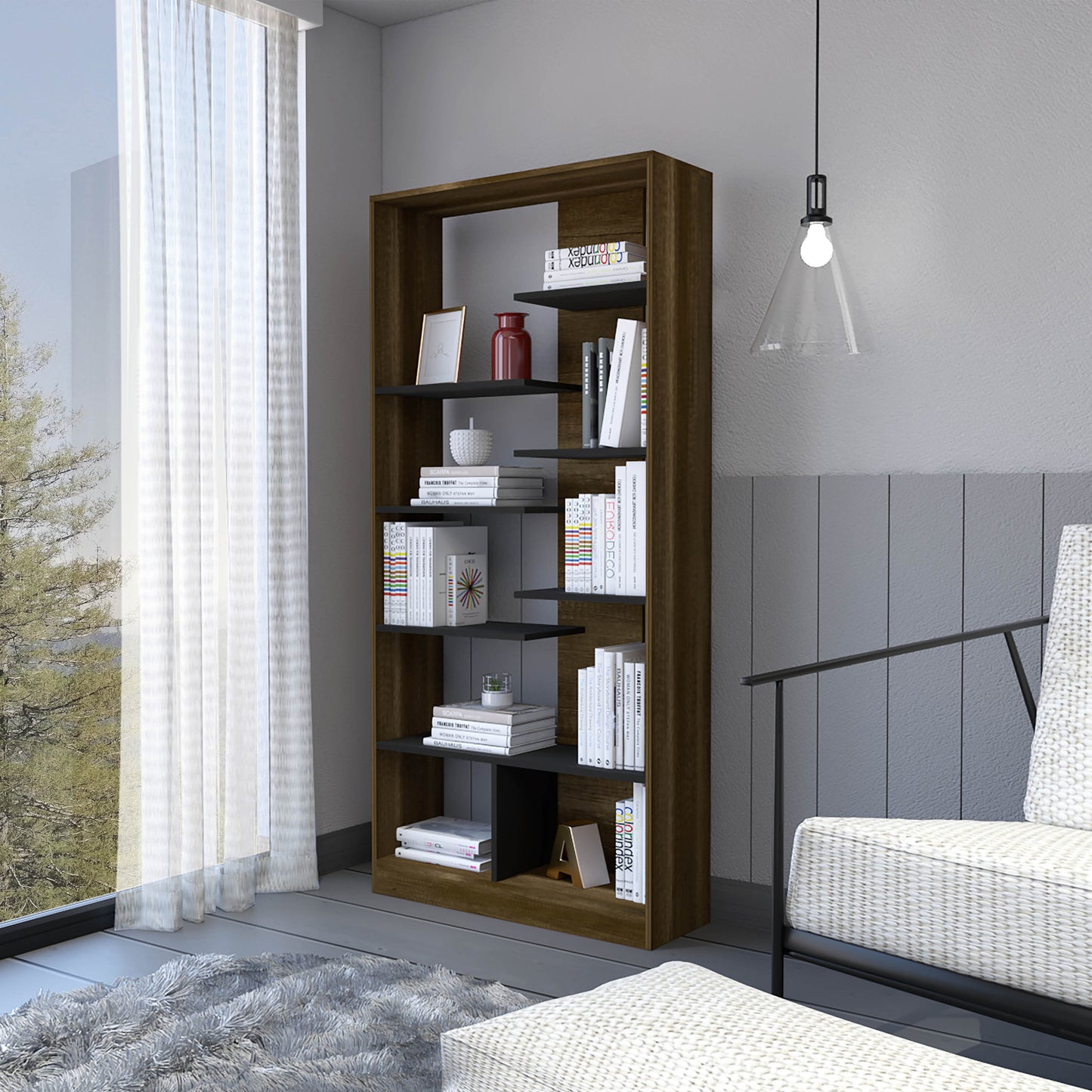 67" Walnut and Black Seven Tier Contemporary Bookcase