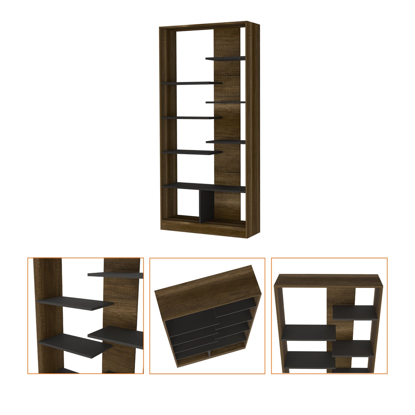 67" Walnut and Black Seven Tier Contemporary Bookcase