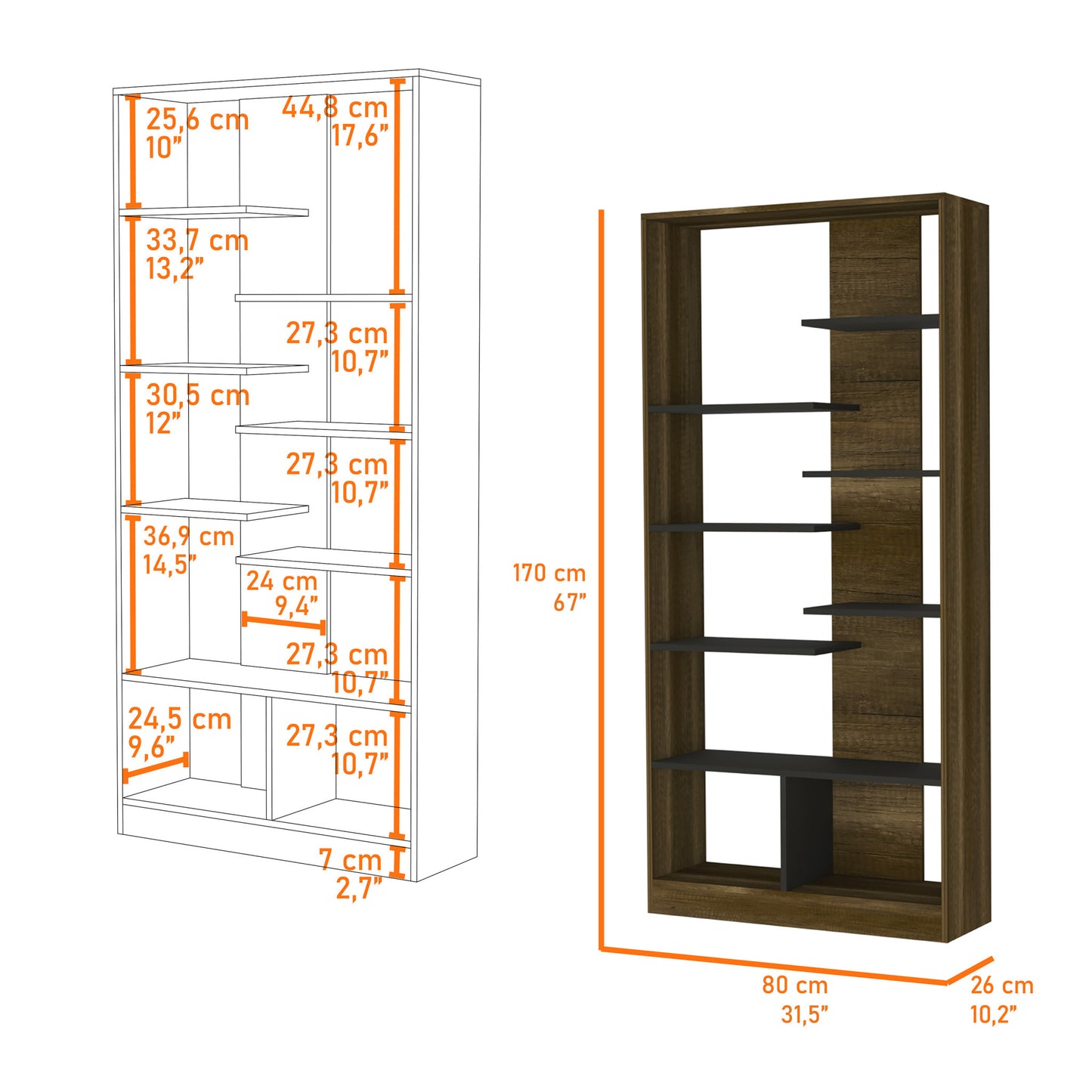 67" Walnut and Black Seven Tier Contemporary Bookcase