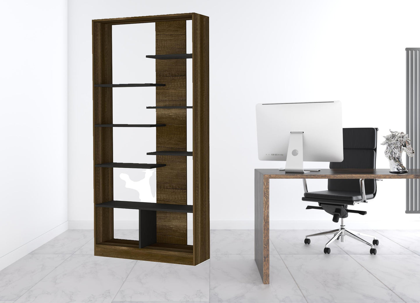 67" Walnut and Black Seven Tier Contemporary Bookcase