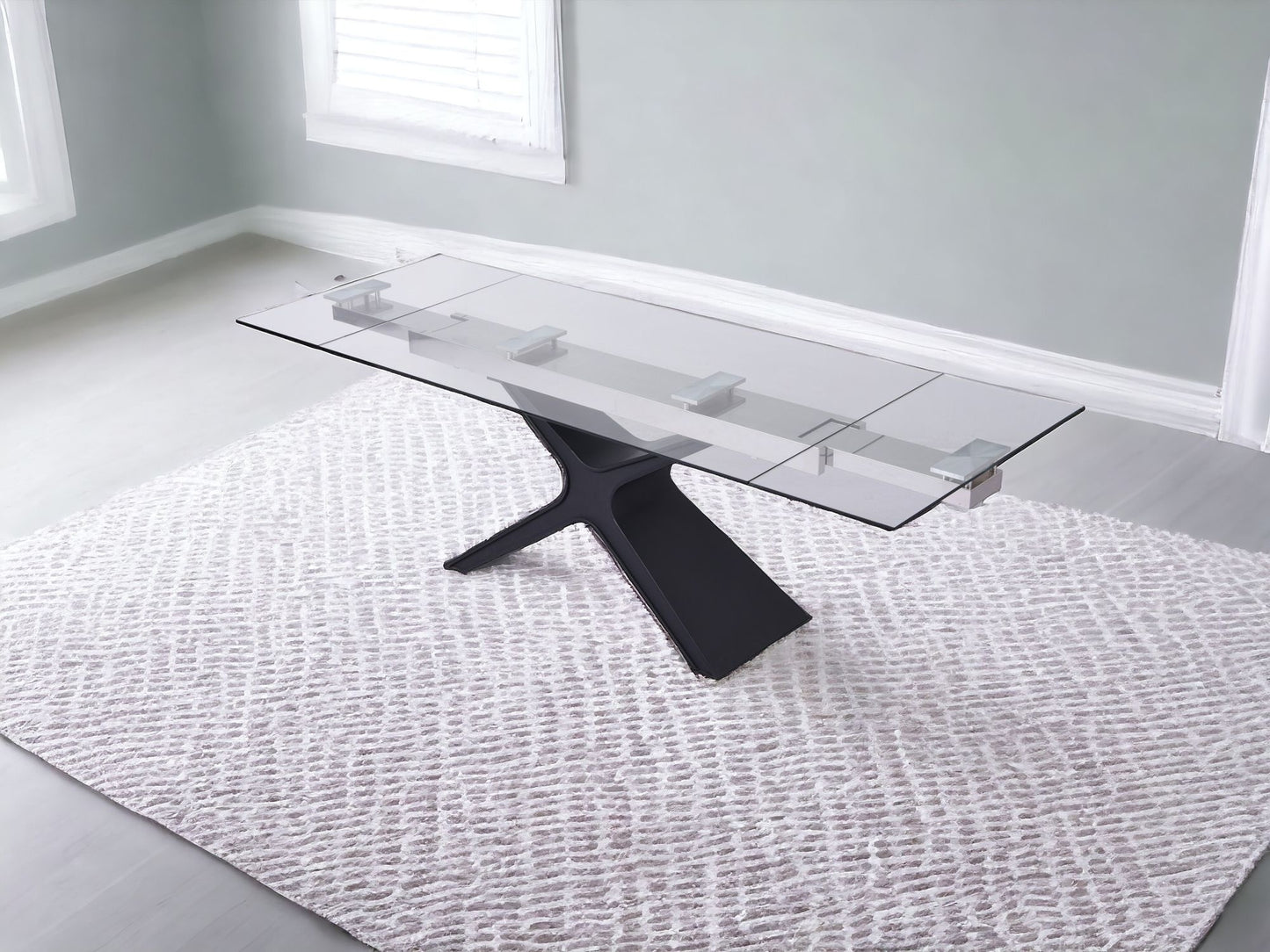 63" Clear And Black Glass And Metal Drop Leaf Pedestal Base Dining Table