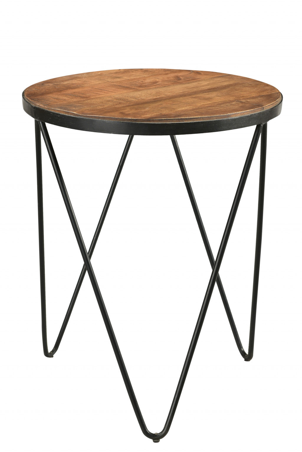 24" Black And Natural Brown Solid Wood And Iron Round End Table