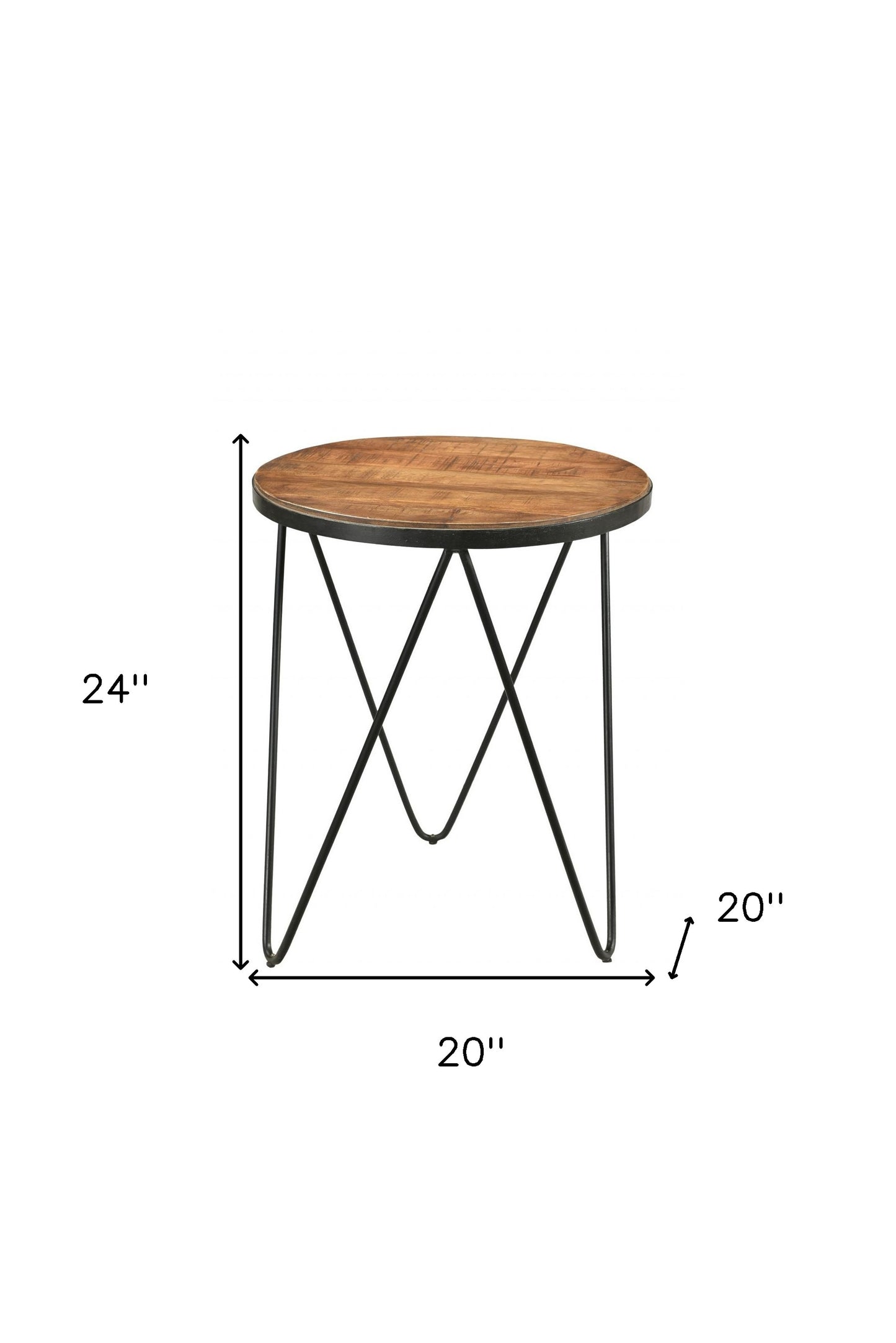 24" Black And Natural Brown Solid Wood And Iron Round End Table