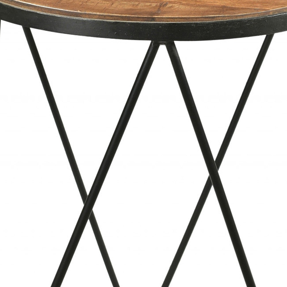 24" Black And Natural Brown Solid Wood And Iron Round End Table