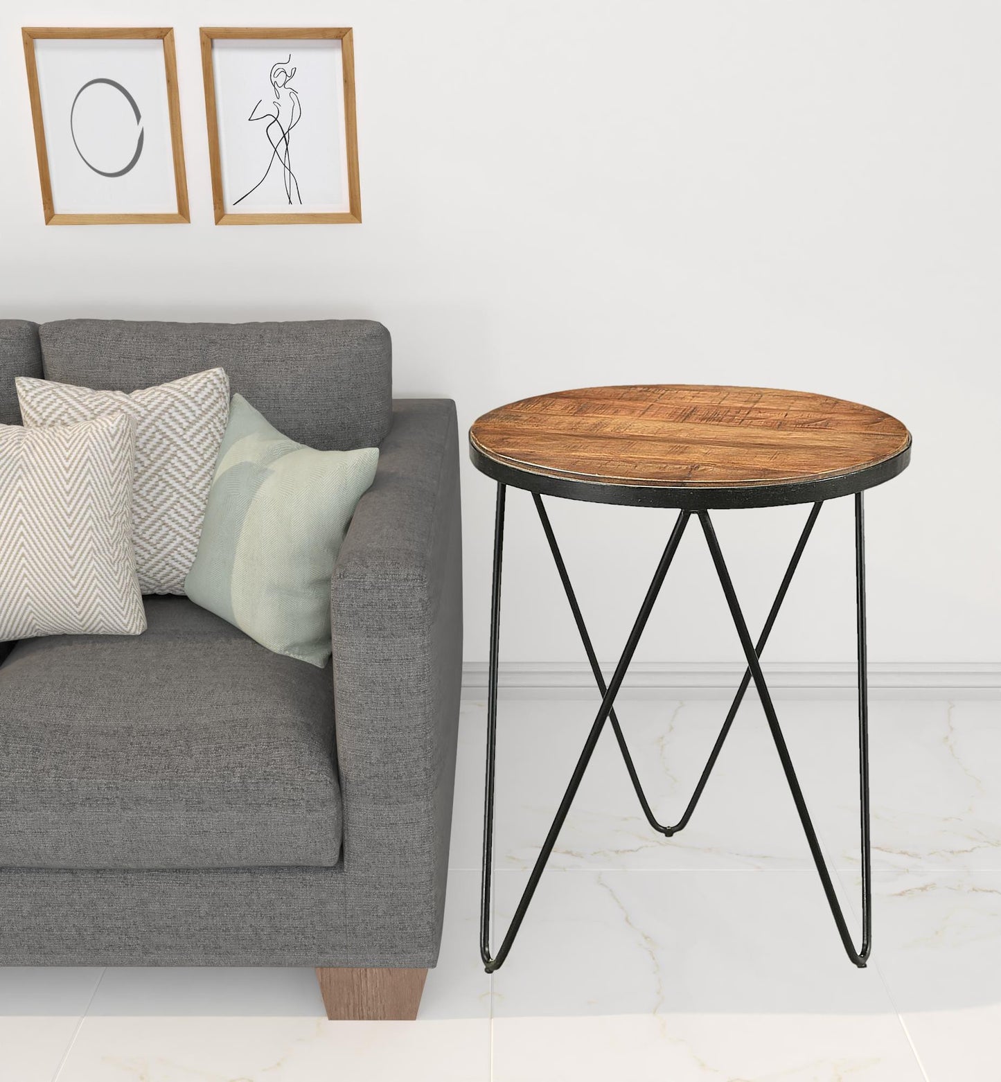 24" Black And Natural Brown Solid Wood And Iron Round End Table