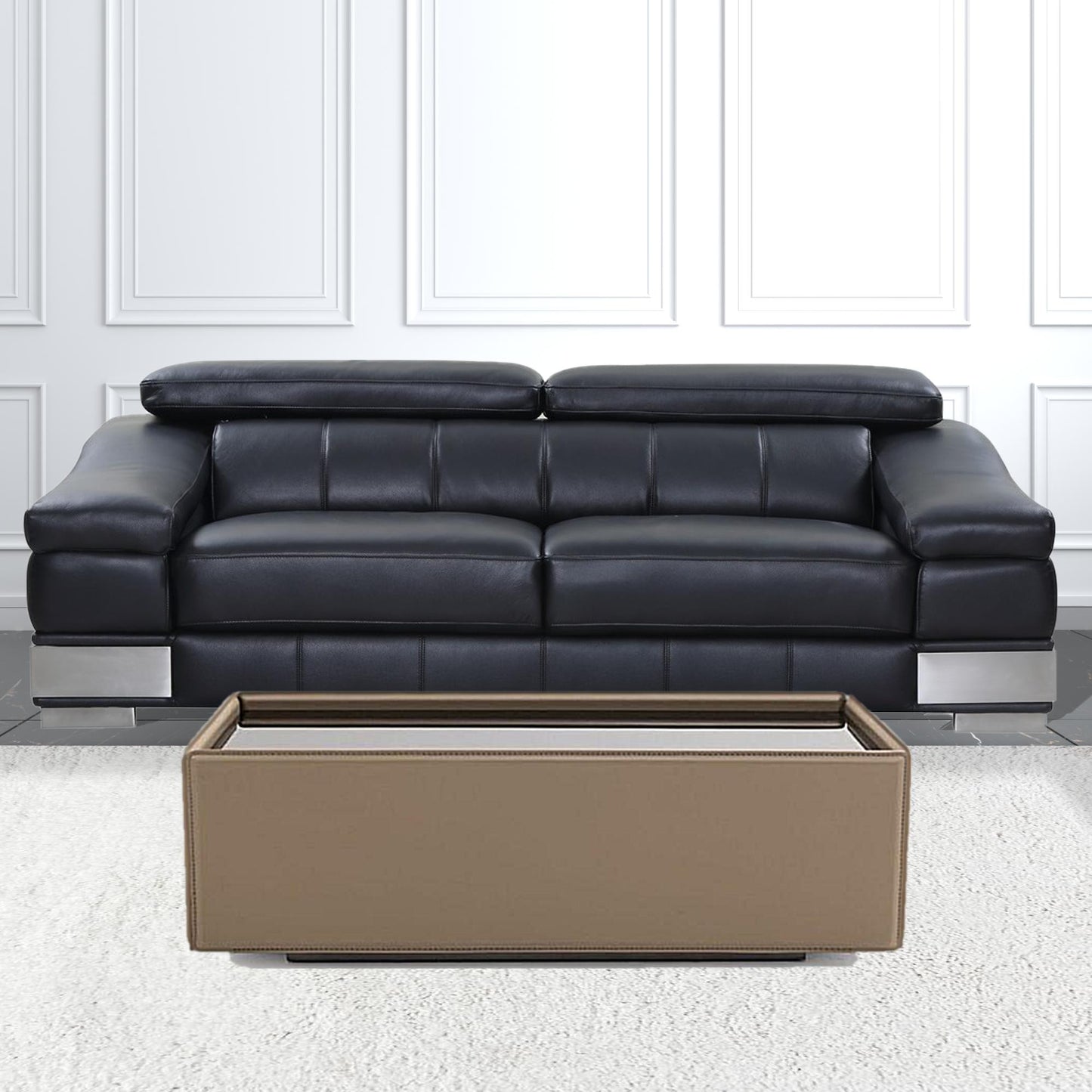 44" Beige And Black Faux Leather and Glass Rectangular Coffee Table