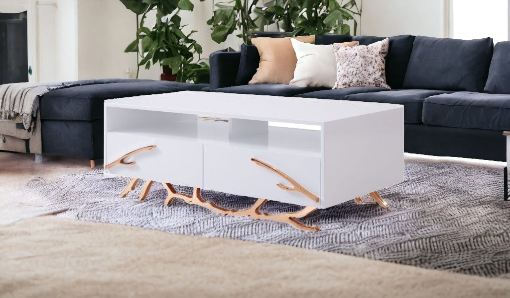 51" Rosegold And White Rectangular Coffee Table With Two Drawers And Two Shelves