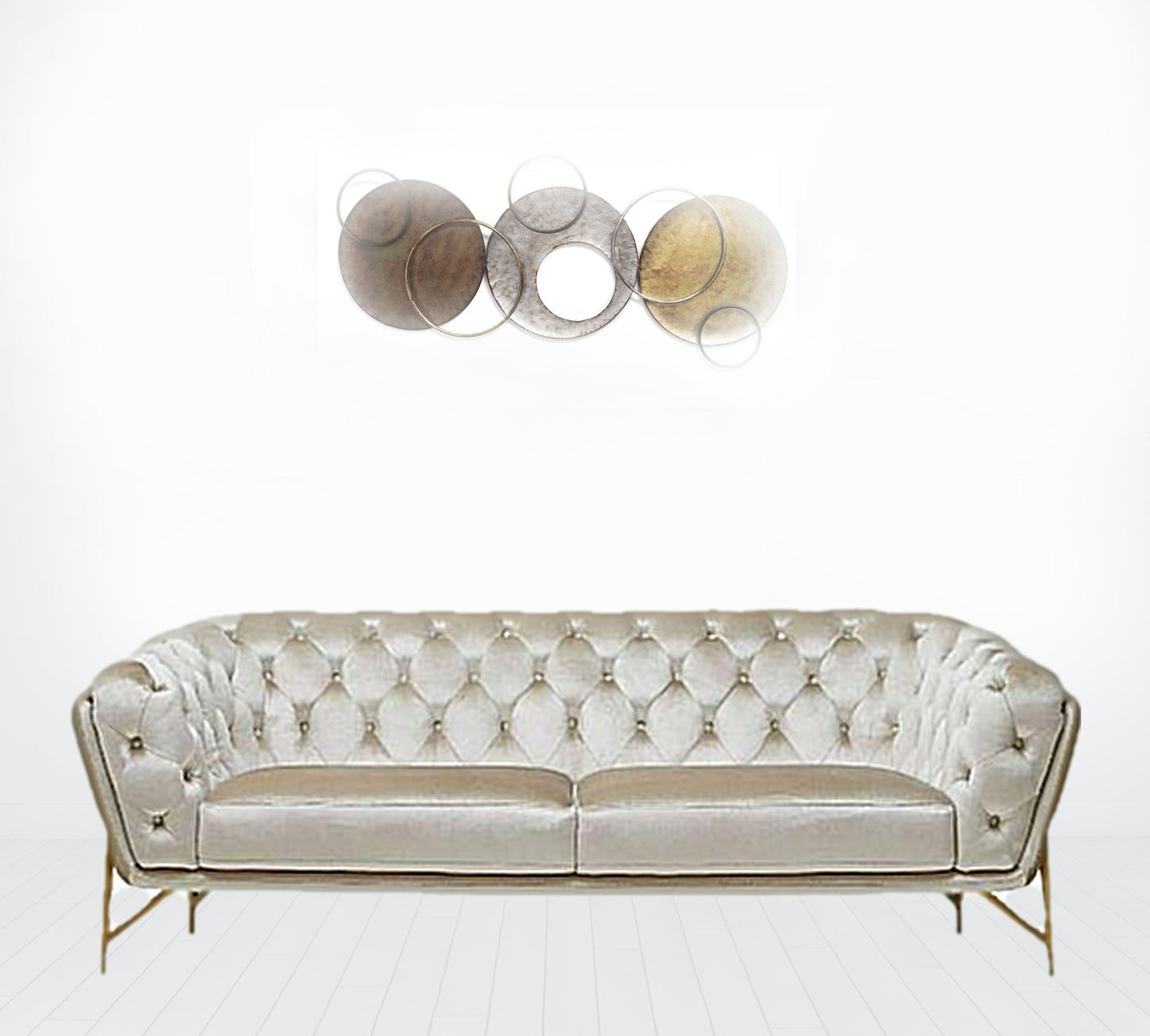 88" Beige Tufted Velvet and Gold Chesterfield Sofa