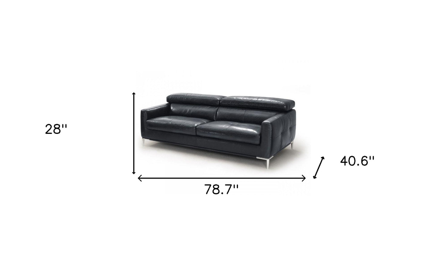 79" Black Silver Genuine Leather Sofa