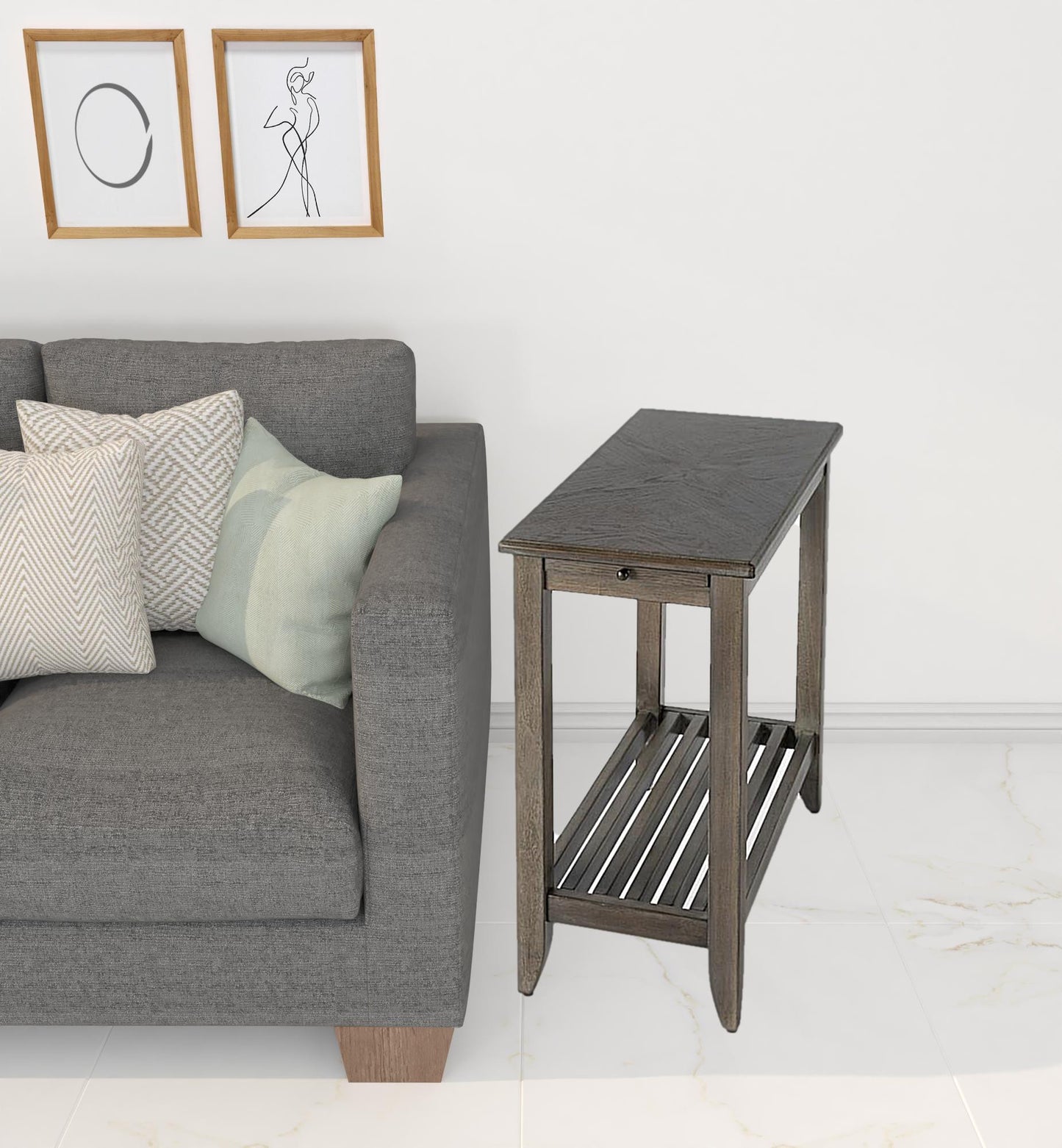 24" Brown Gray Rectangular End Table With Shelf