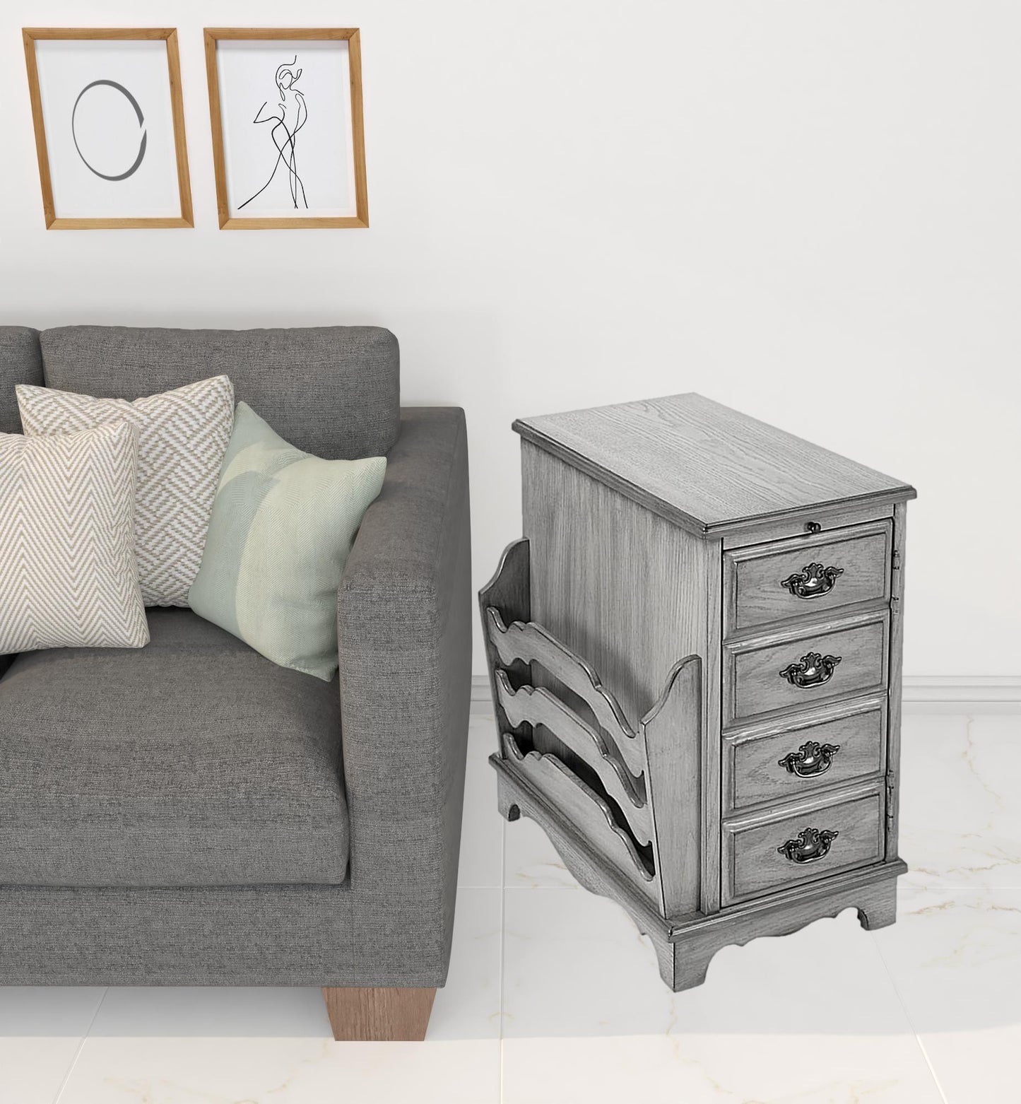 24" Gray Manufactured Wood Rectangular End Table With Four Drawers And Shelf