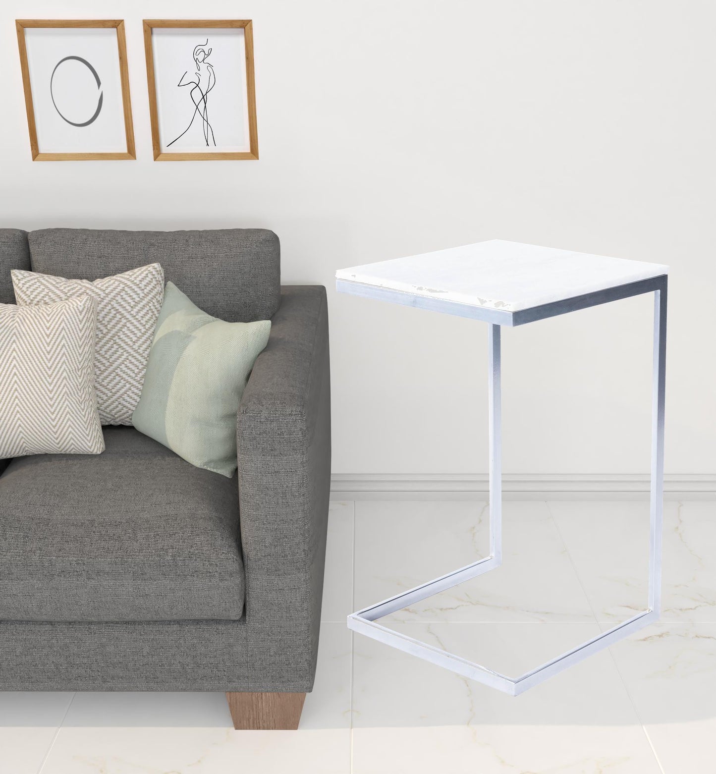 26" Silver and White Marble Square C Shape End Table