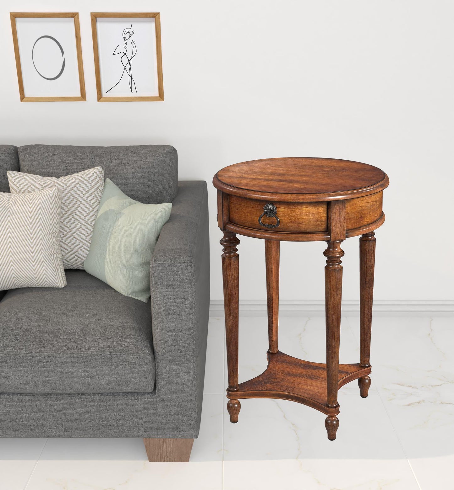 26" Antique Cherry Solid And Manufactured Wood Round End Table With Drawer And Shelf