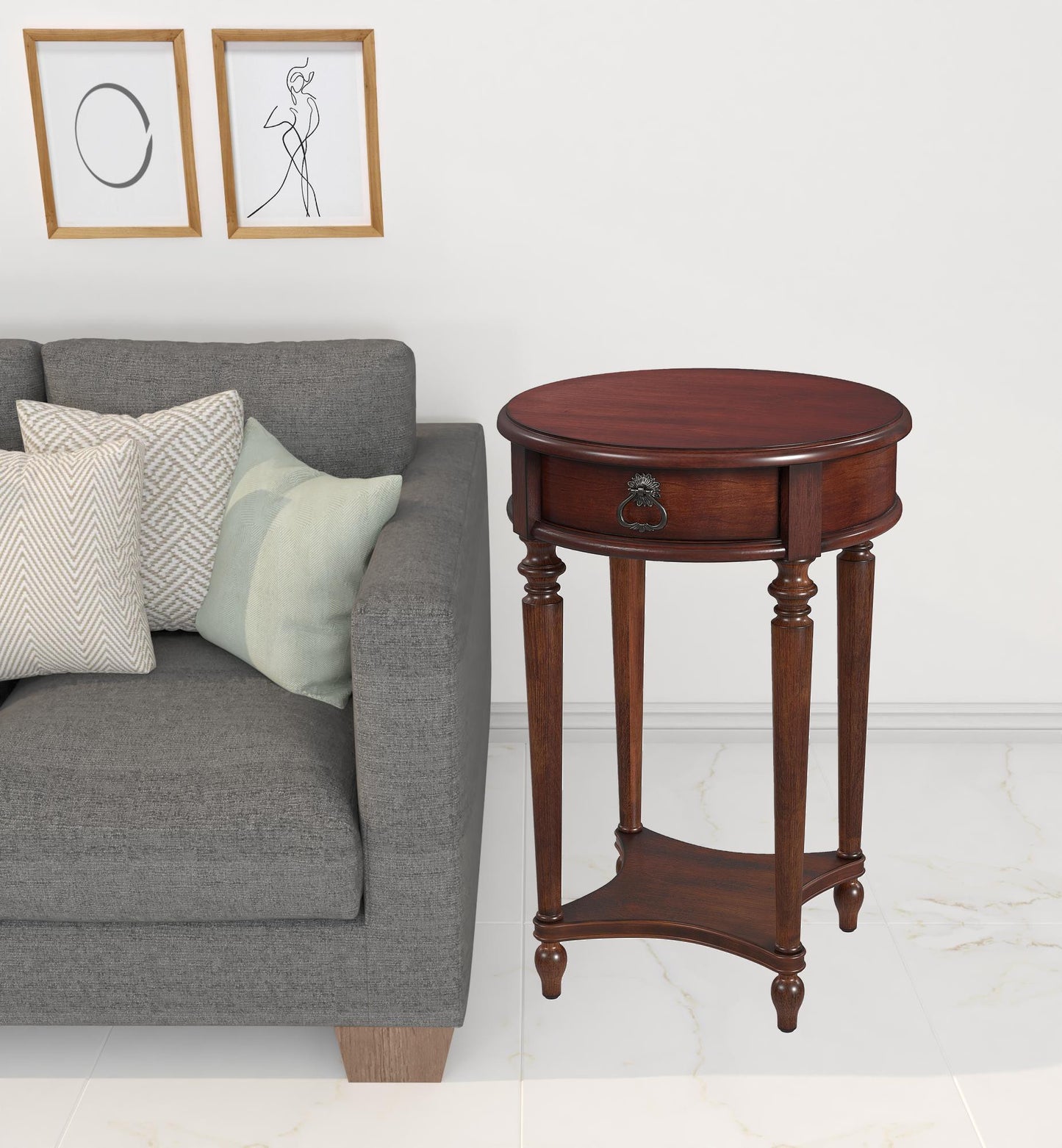 26" Cherry Solid And Manufactured Wood Round End Table With Drawer And Shelf