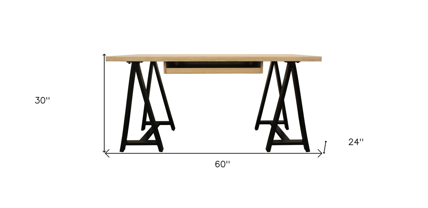 60" Ivory And Black Oak Solid Wood Executive Desk