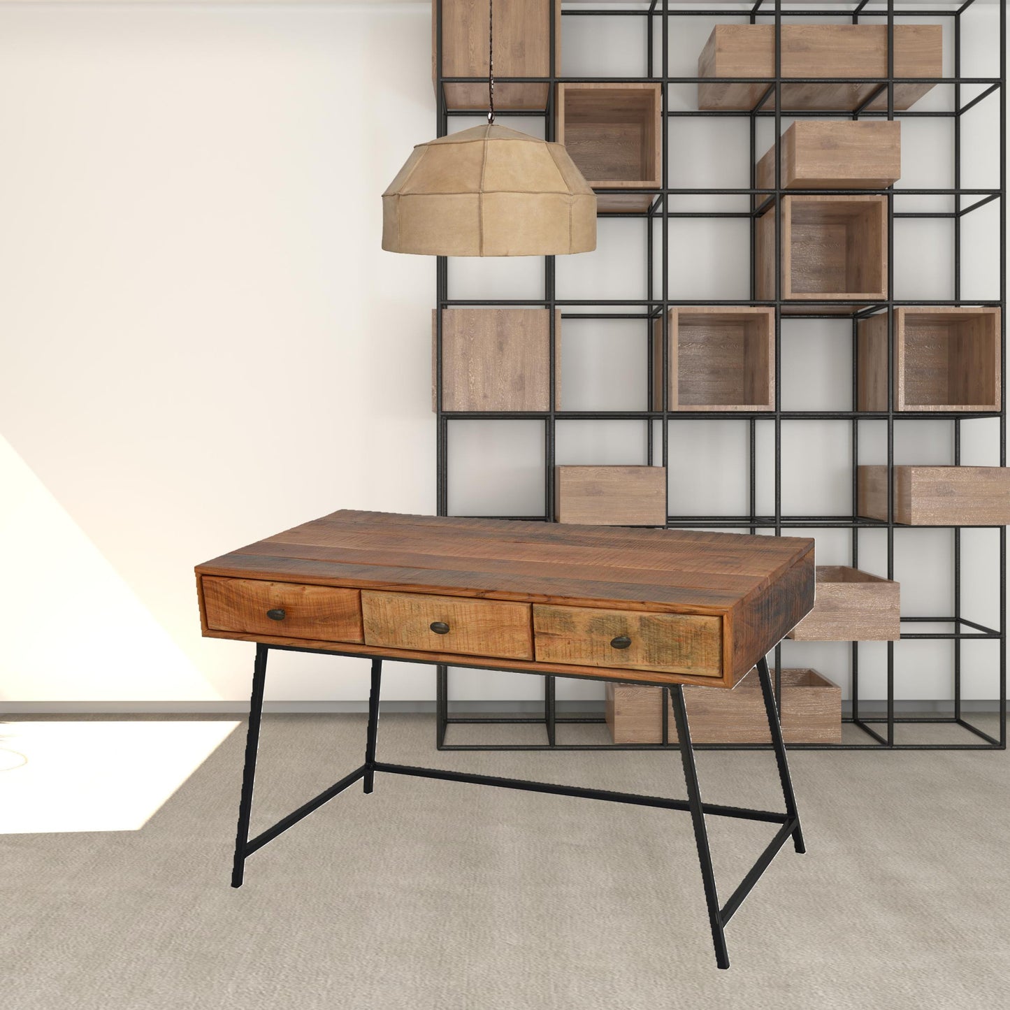 47" Natural And Black Mango Solid Wood Writing Desk With Three Drawers