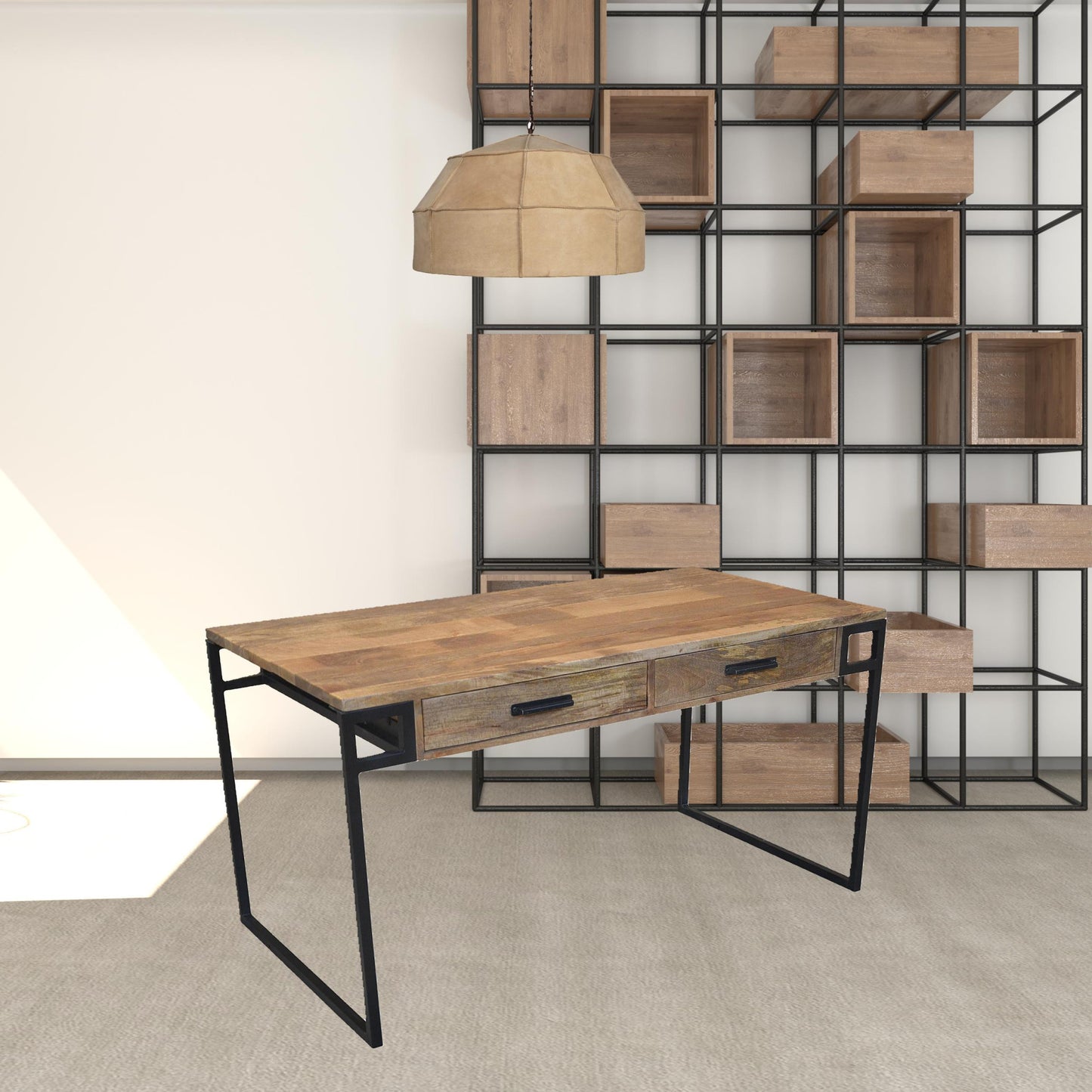60" Natural And Black Mango Solid Wood Writing Desk With Two Drawers