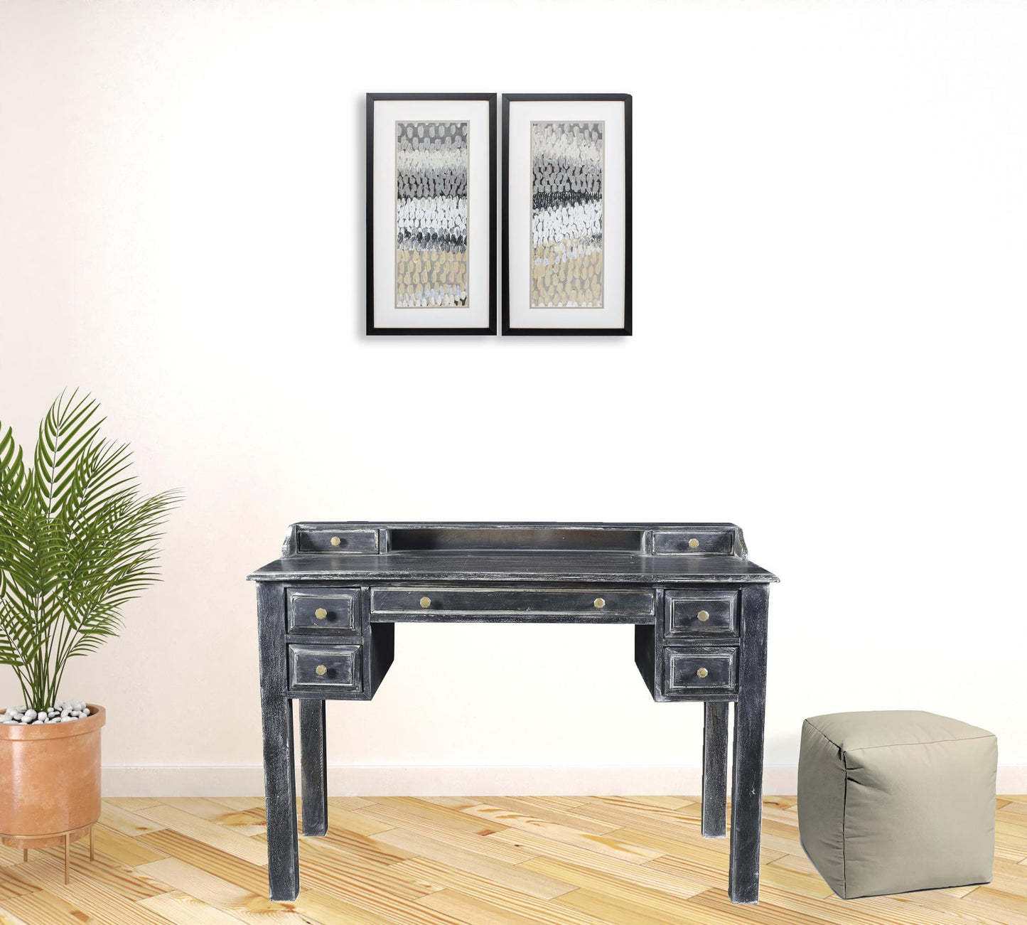 46" Black Mango Solid Wood Computer Desk With Seven Drawers