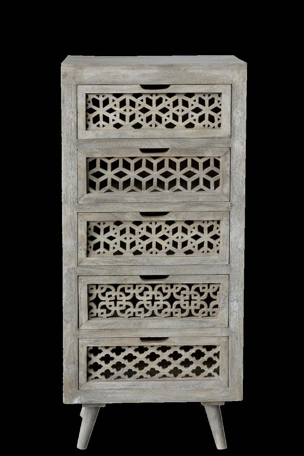 Halle 5-Drawer Hand-Carved Tall Chest in Gray