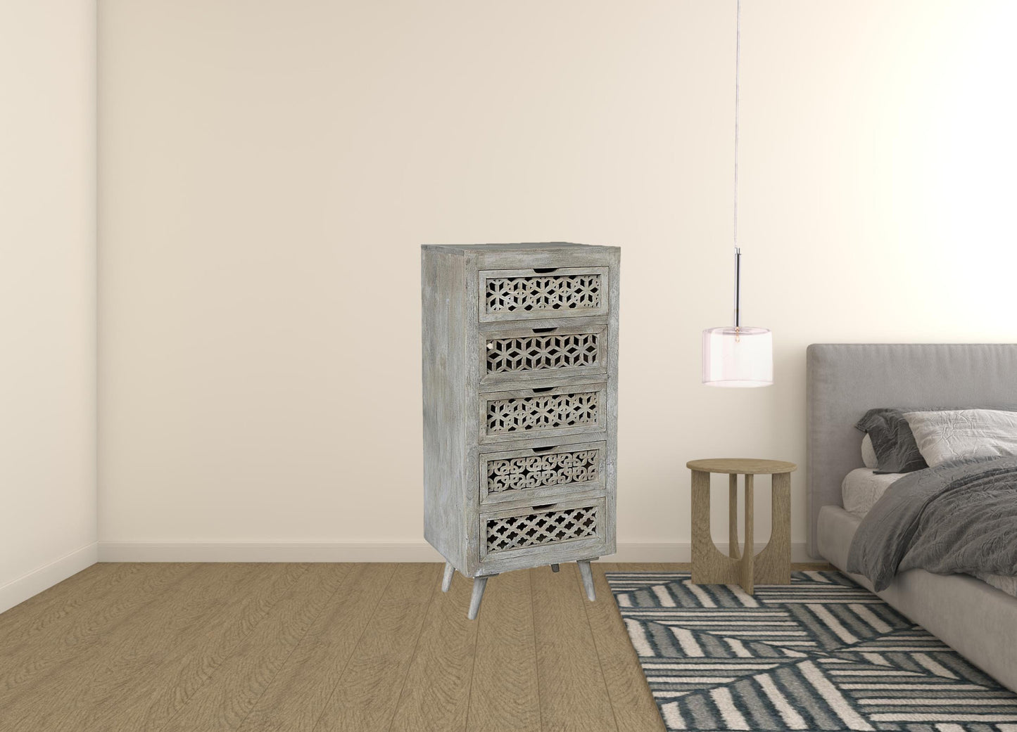 Halle 5-Drawer Hand-Carved Tall Chest in Gray