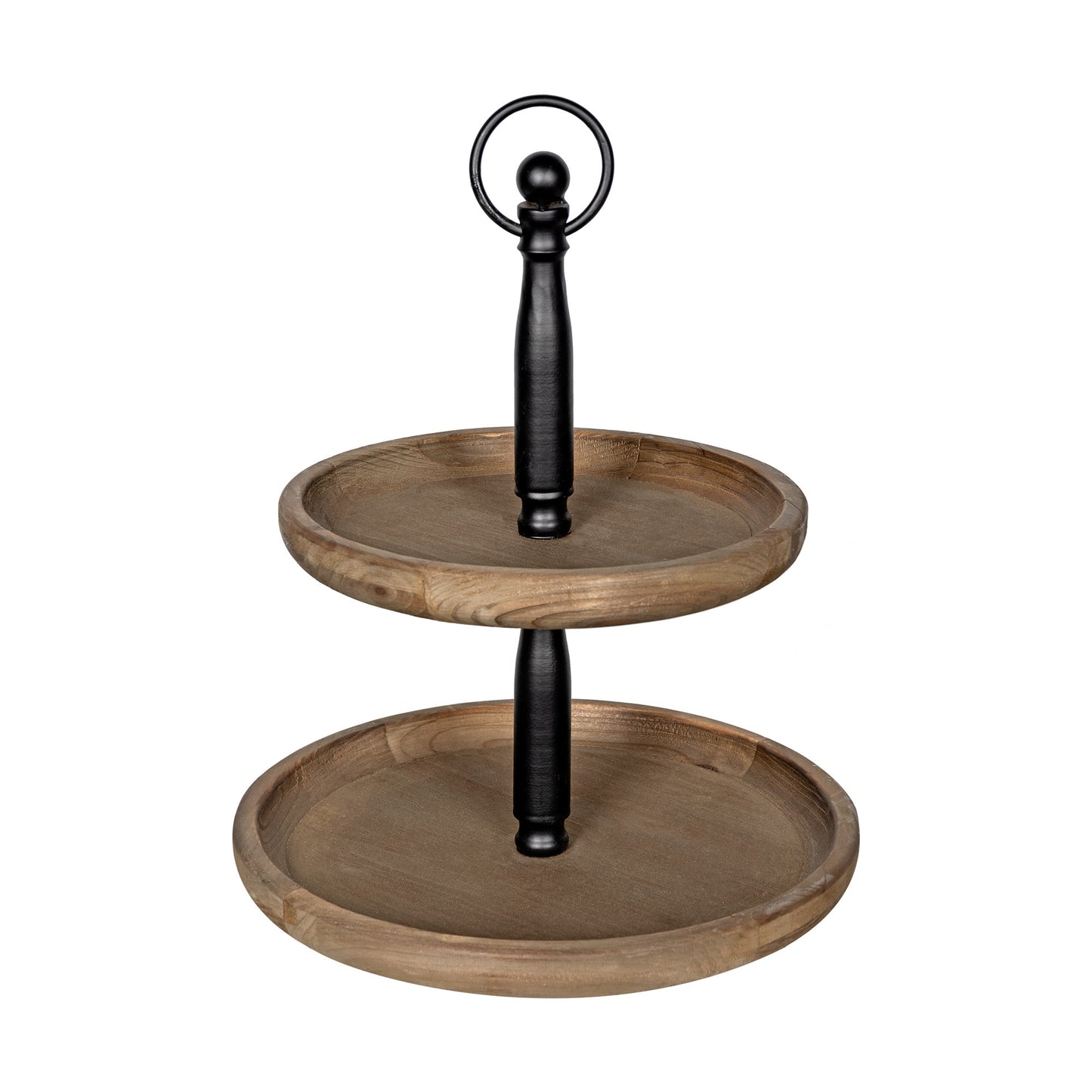 12" Dark Natural Wood Round Two Tier Solid Wood Tray