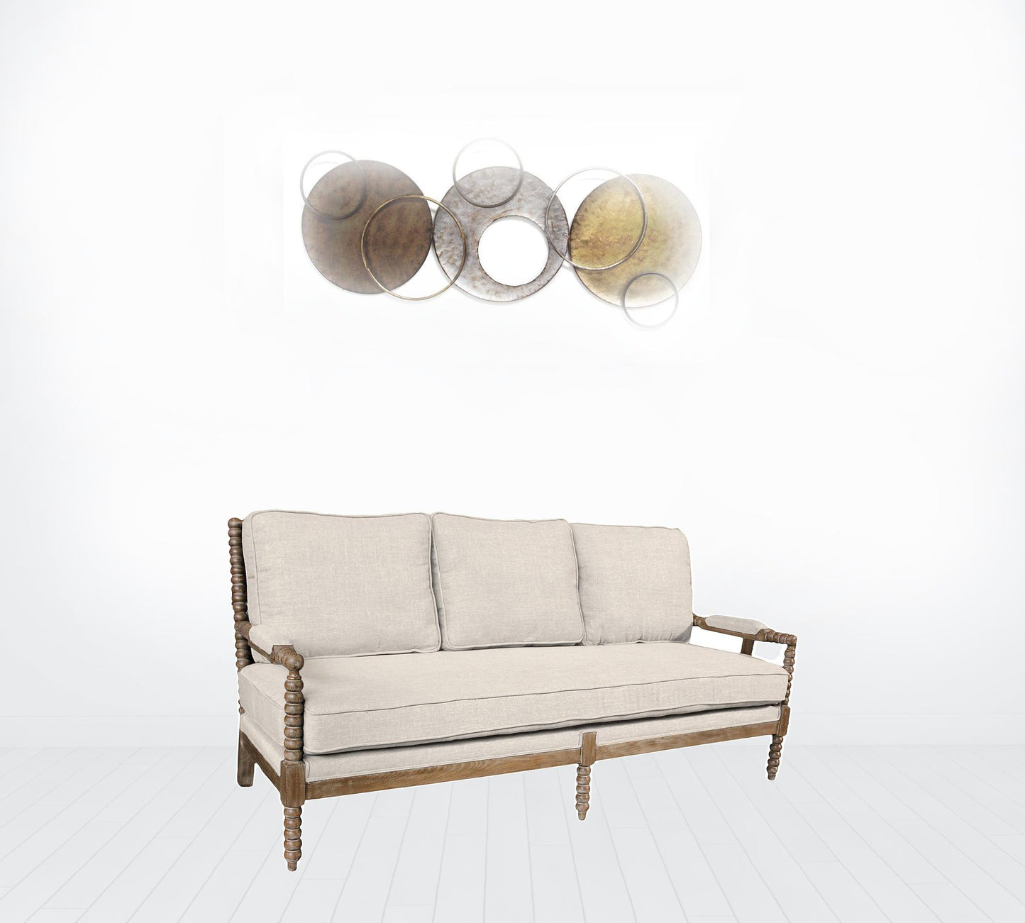 75" Ivory Linen Blend and Brown Sofa