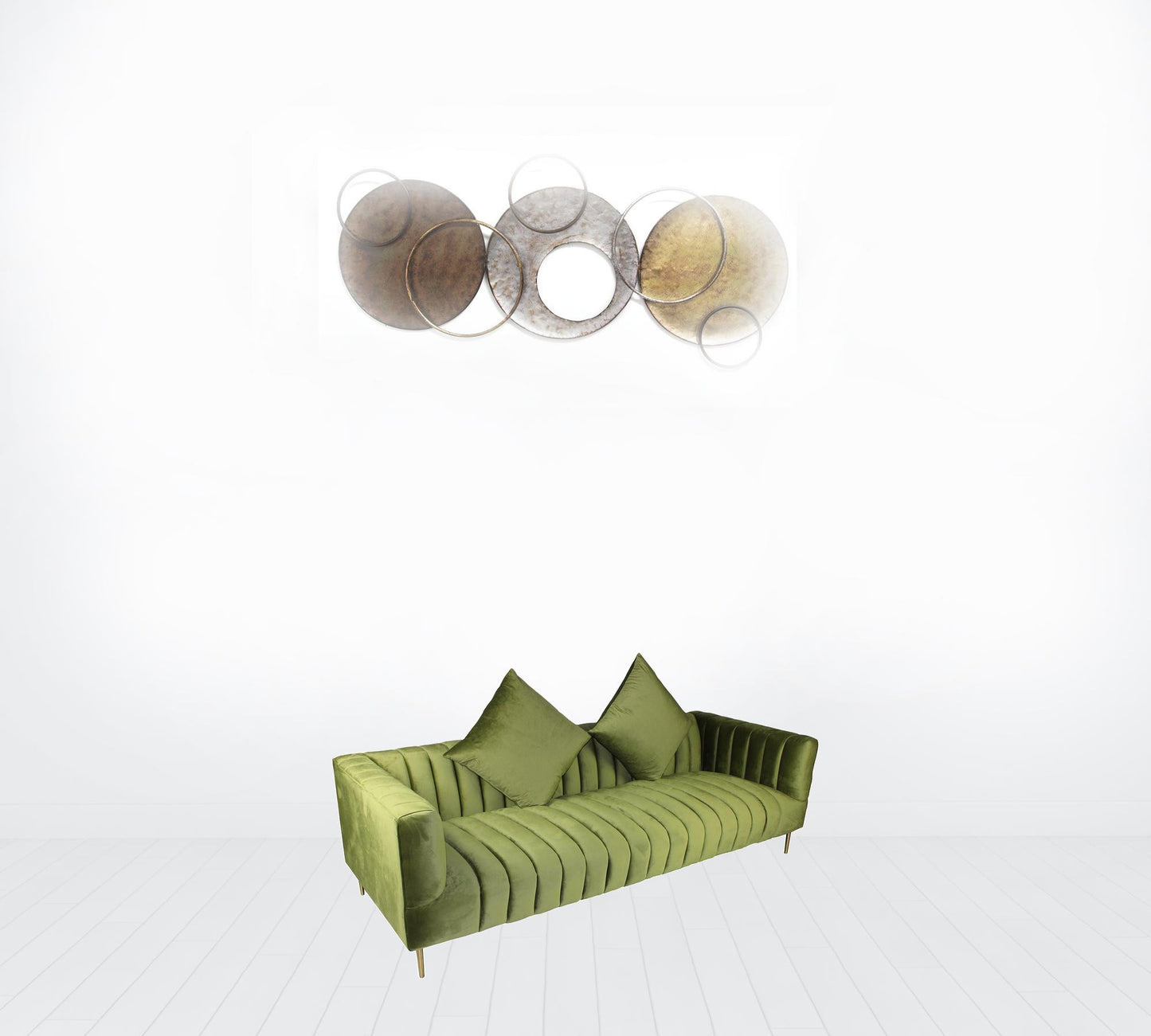 90" Moss Green Velvet And Gold Sofa With Two Toss Pillows
