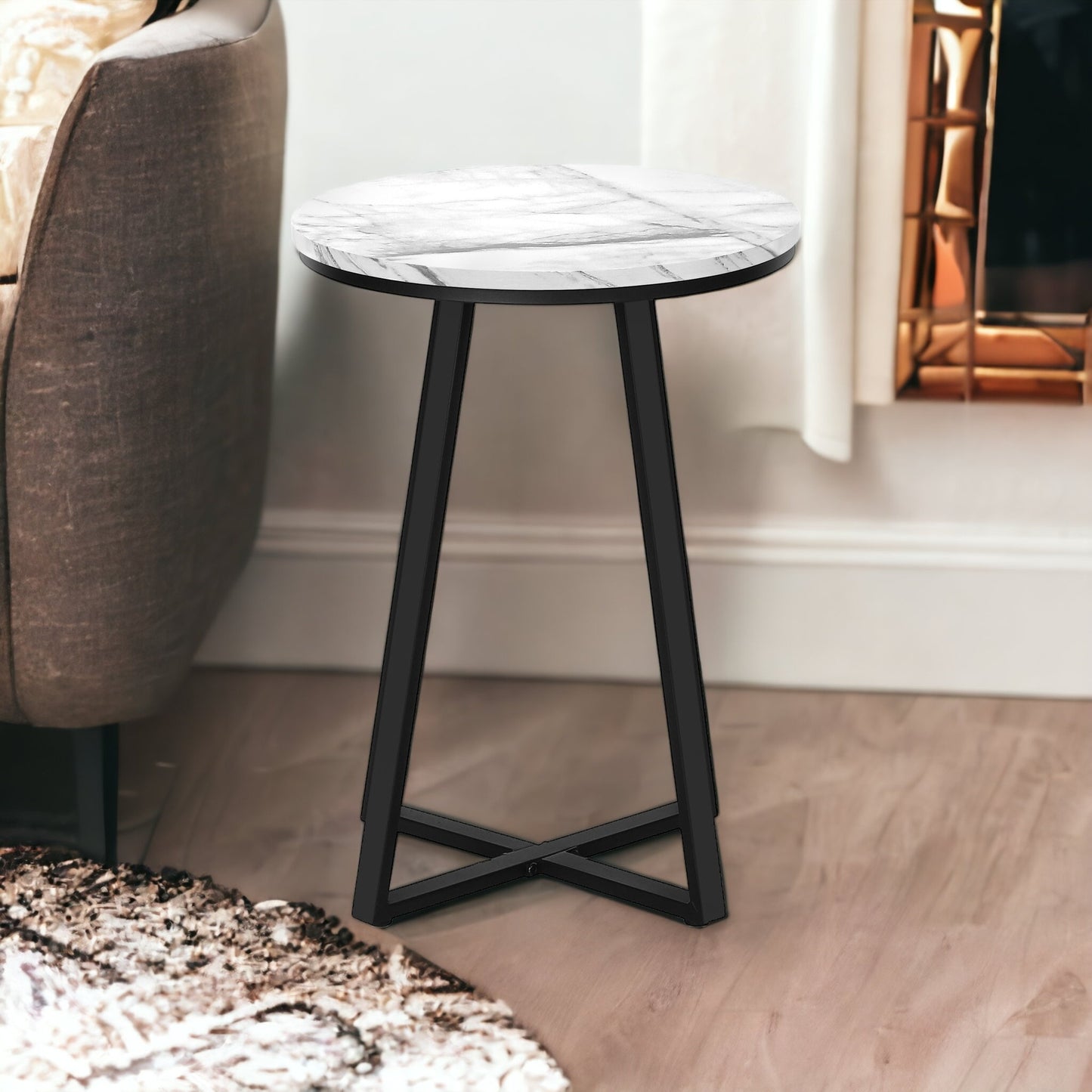 22" Black And White Faux Marble Round End Table
