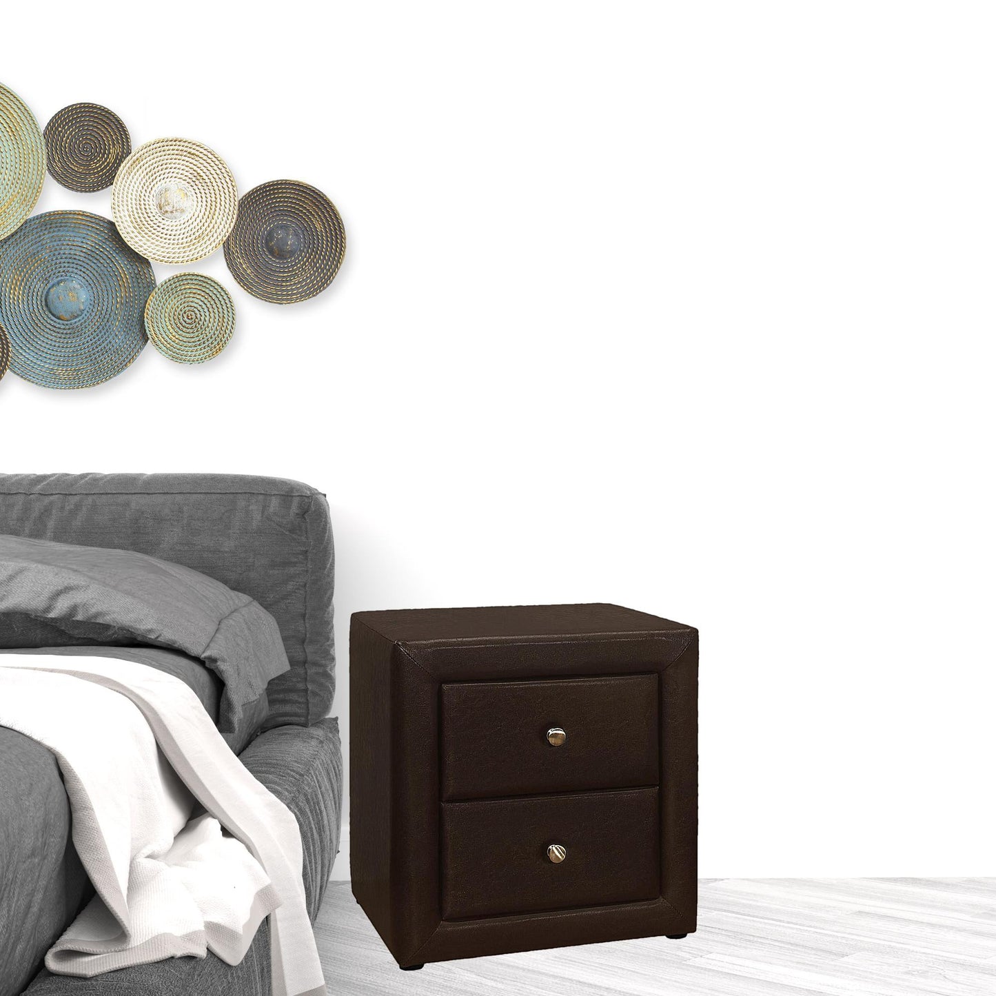 21" Brown Faux Leather Two Drawer Nightstand