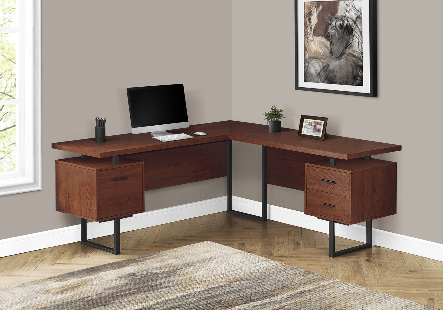 70" Brown And Black L Shape Computer Desk