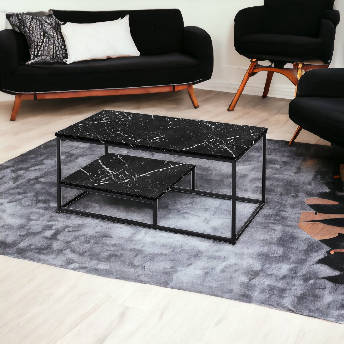 Set Of Three 42" Black Rectangular Coffee Table With Shelf