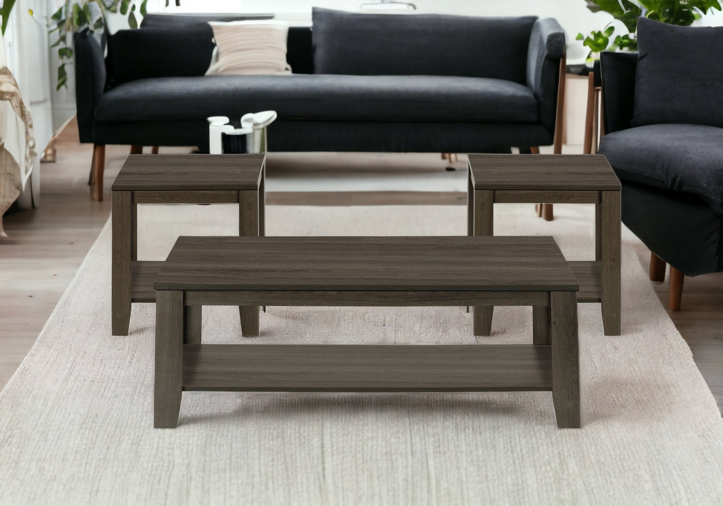 Set Of Three 42" Oak Rectangular Coffee Table With Three Shelves