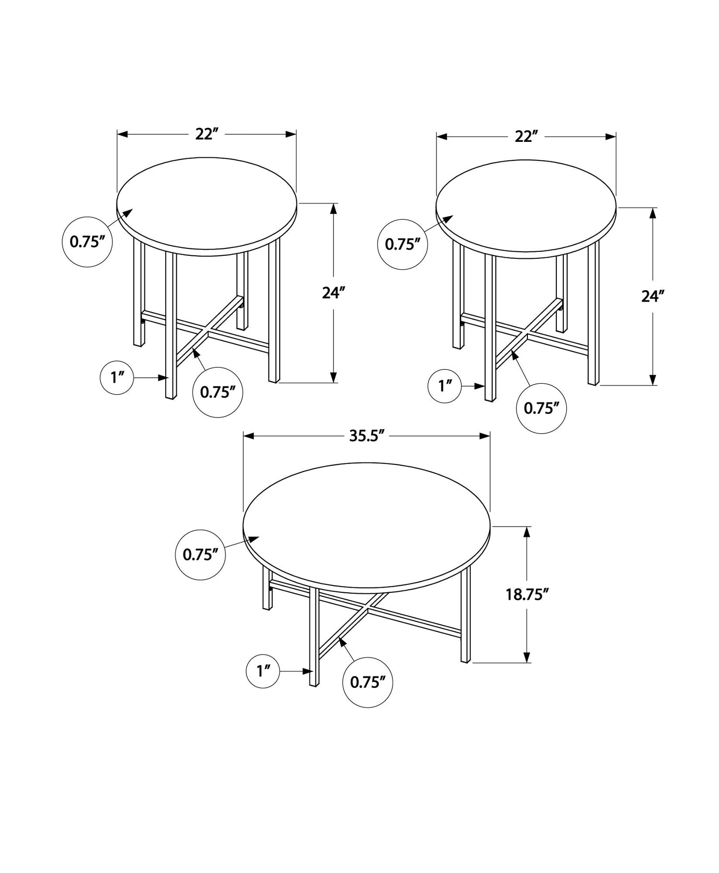 Set Of Three 36" White Round Coffee Table