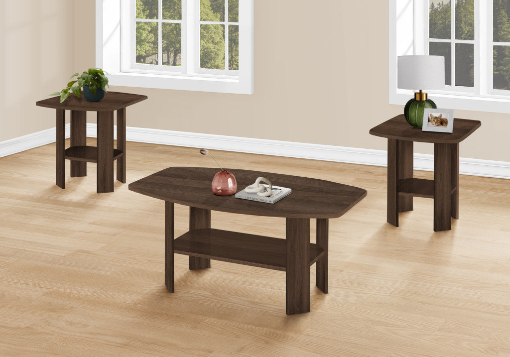 Set Of Three 36" Dark Walnut Rectangular Coffee Table With Three Shelves