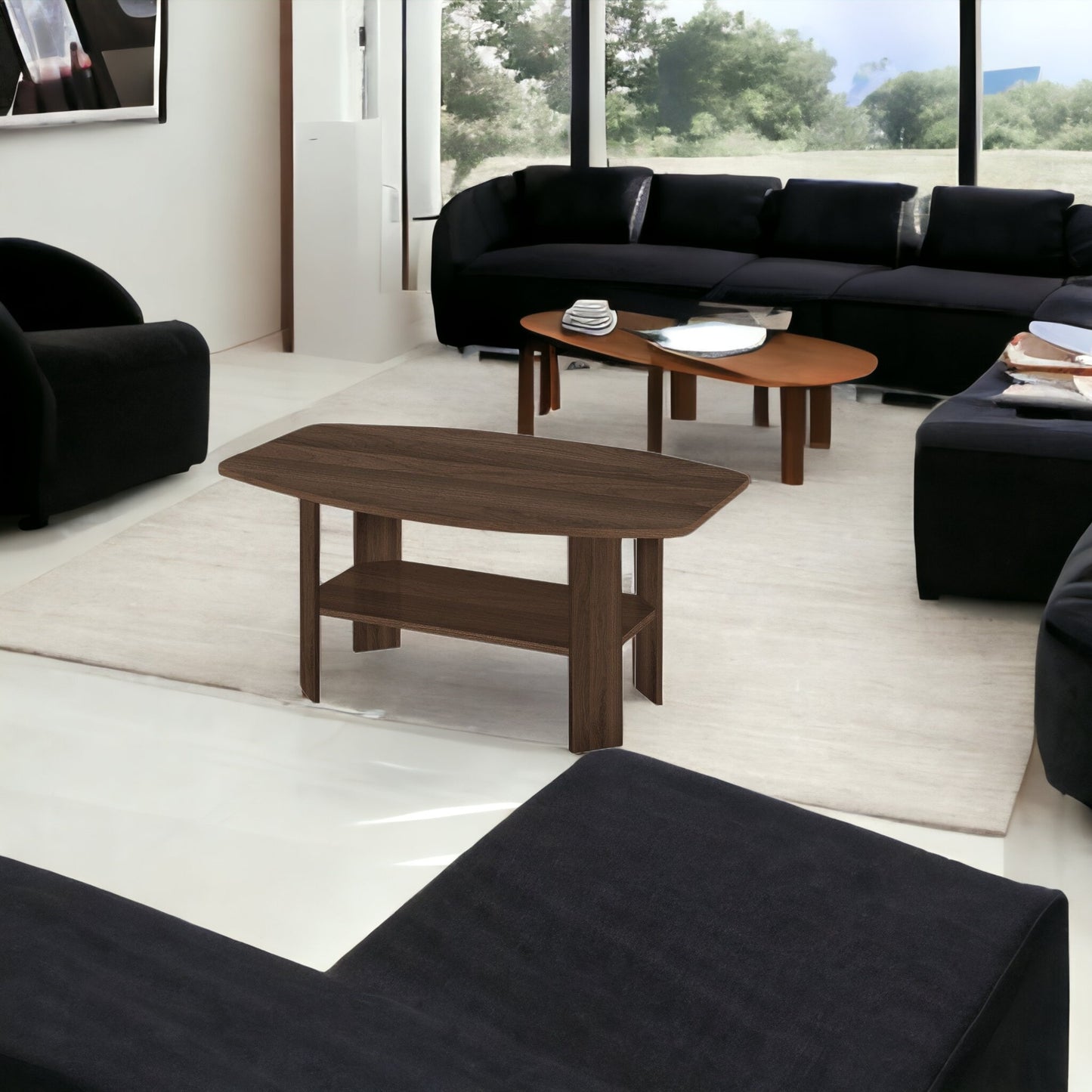 Set Of Three 36" Dark Walnut Rectangular Coffee Table With Three Shelves